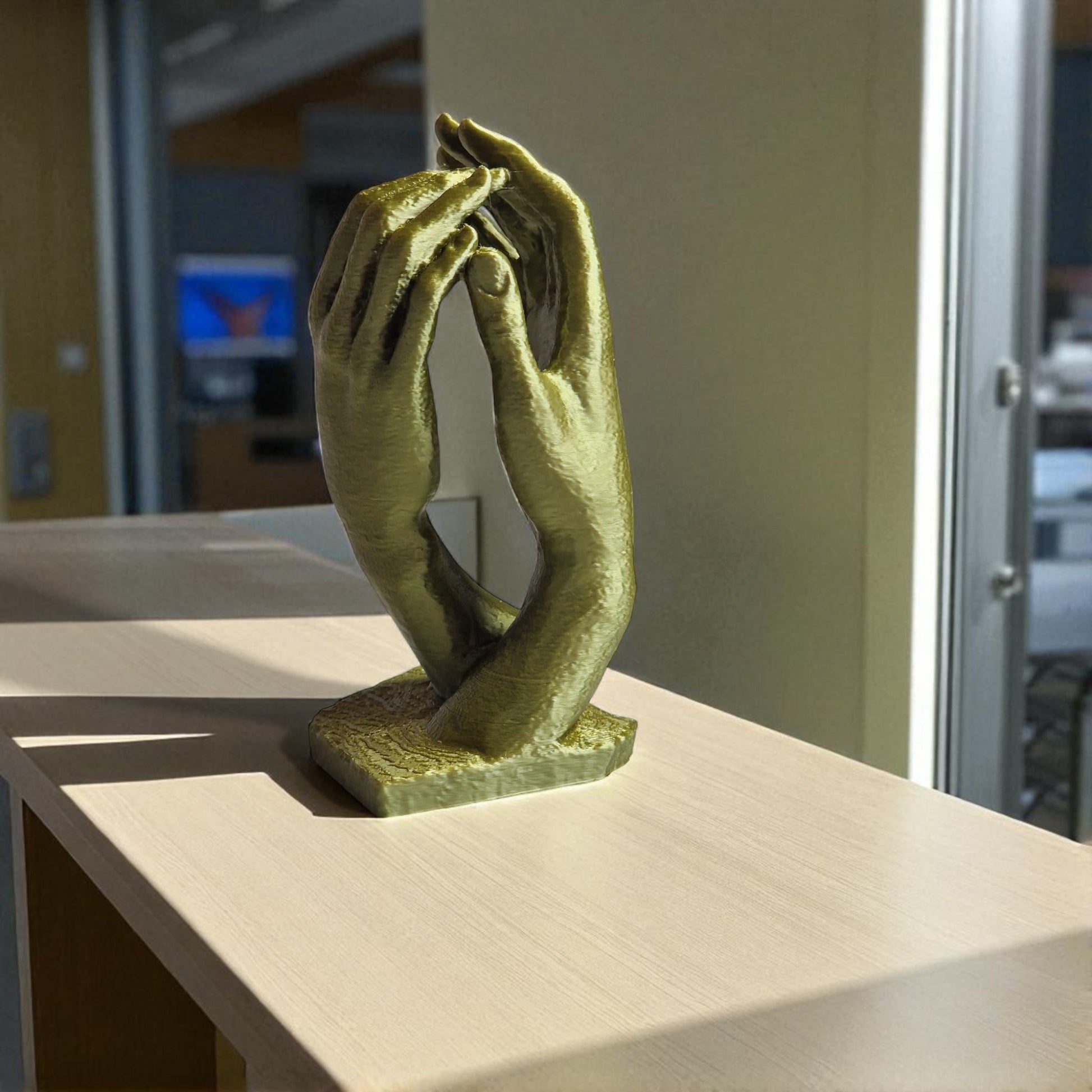  two elegantly crafted hands reaching out and touching, symbolizing connection, unity, and timeless bond. The design features  flowing curves that its artistic and modern aesthetic, making it a perfect decorative piece for any space.