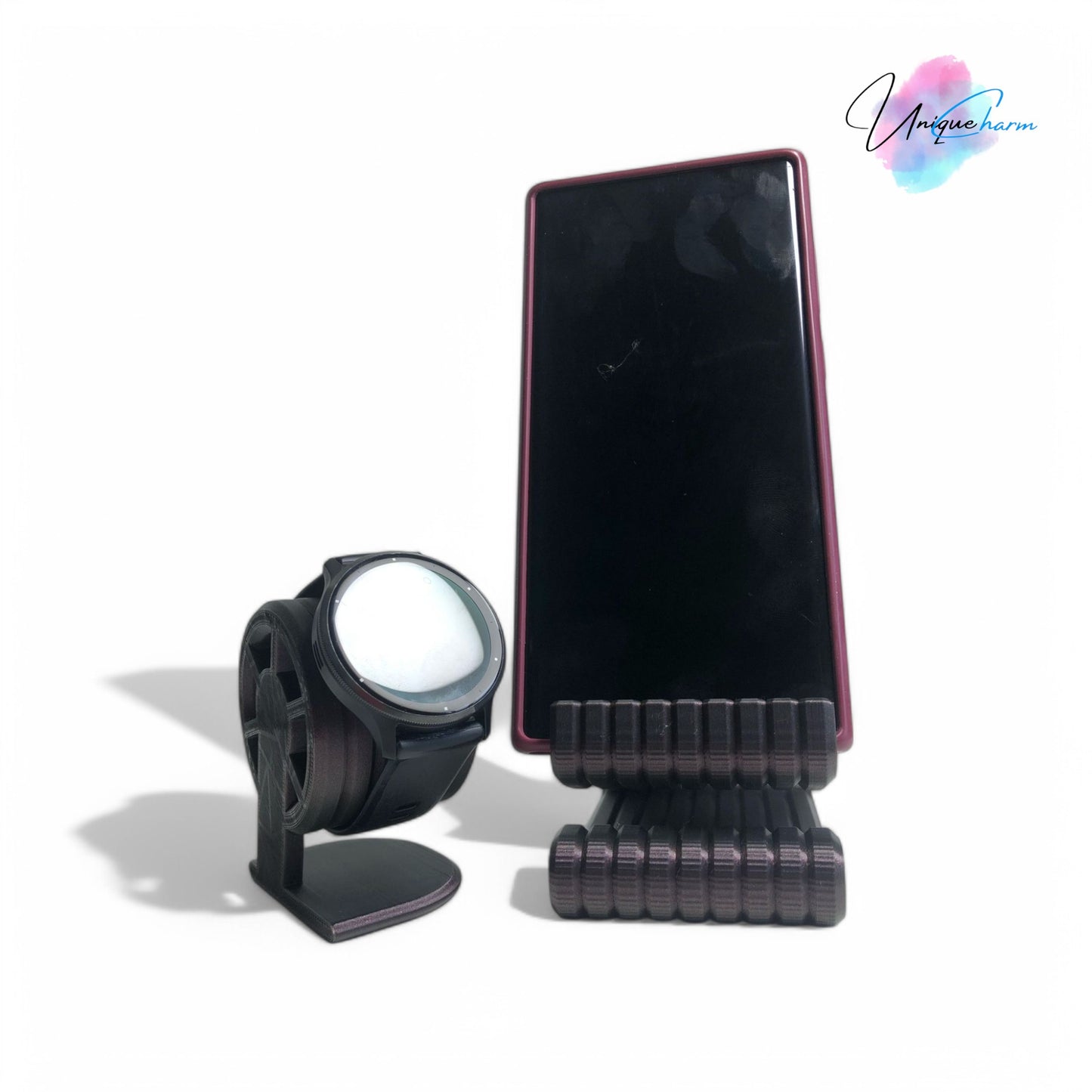 phone & smartwatch holder set ribbed design 3d printed stand for smartphones, e-readers & watches modern desk organizer