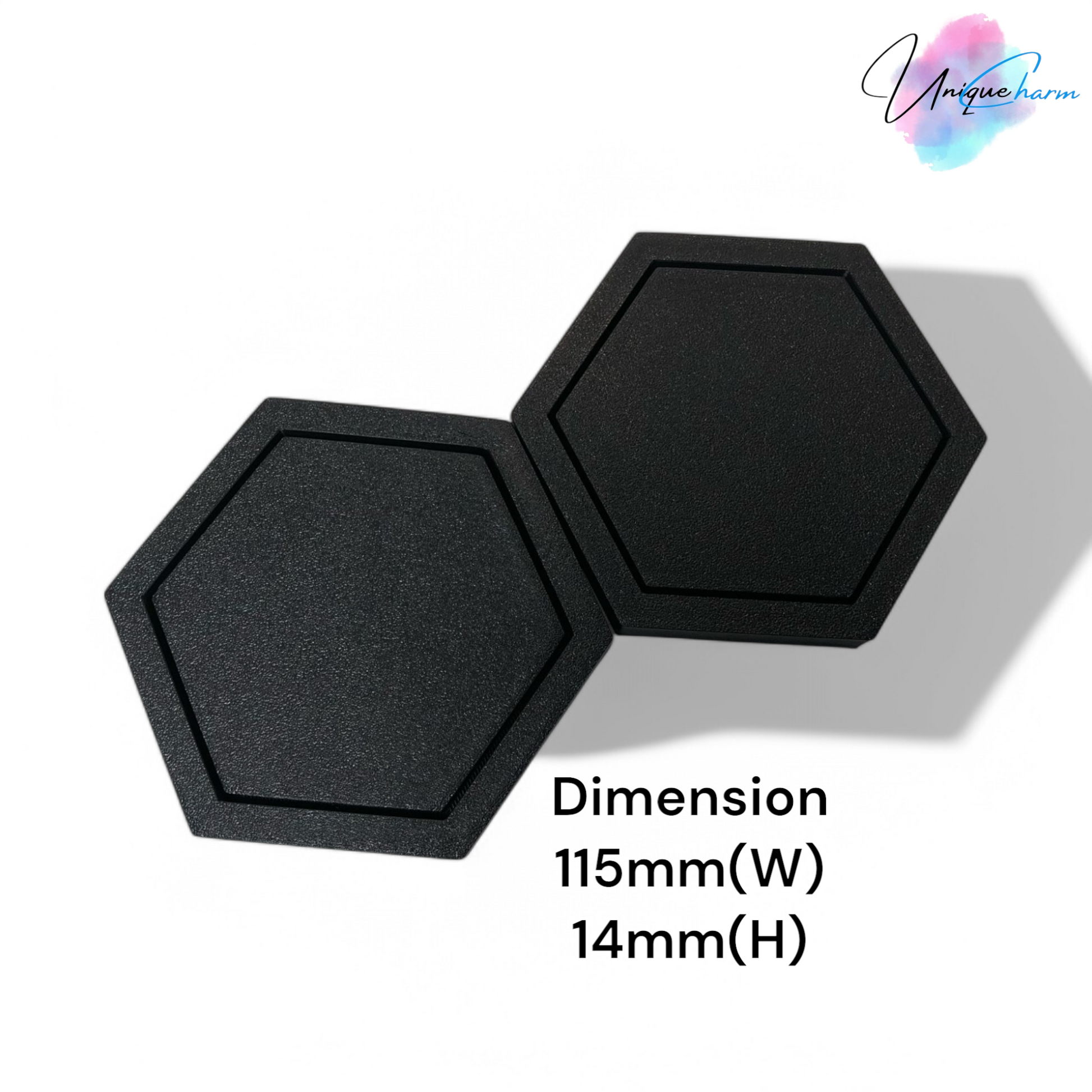 Modern hexagonal coaster in a minimalist design, measuring 115mm x 14mm, perfect for protecting surfaces from hot drinks. Available as a single piece, set of 4, or set of 6. Durable and stylish home decor accessory