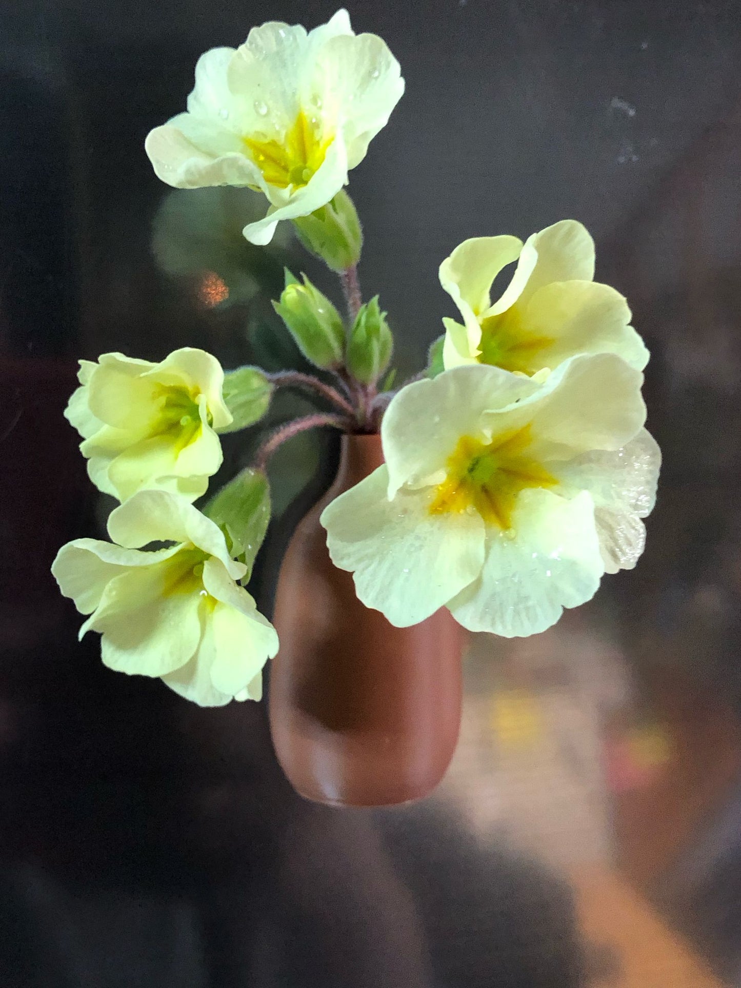 set of 5 small magnetic mini vases in random earthy brown tones, 3d printed with a modern design, displayed on a fridge holding tiny flowers.


