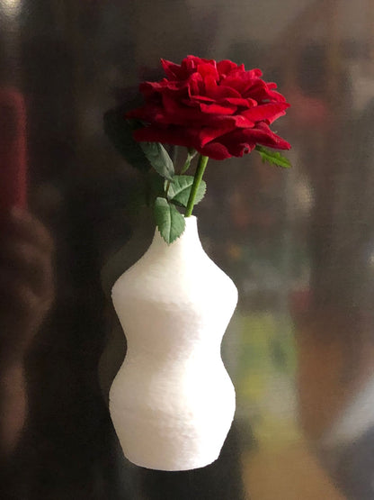 Set of 5 colorful mini magnetic vases on a fridge, each holding small wildflowers, perfect for fridge decor, tiny flower holder, or gift for mom.