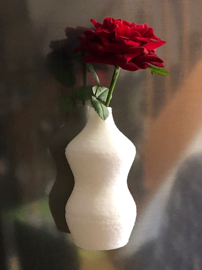 Set of 5 colorful mini magnetic vases on a fridge, each holding small wildflowers, perfect for fridge decor, tiny flower holder, or gift for mom.