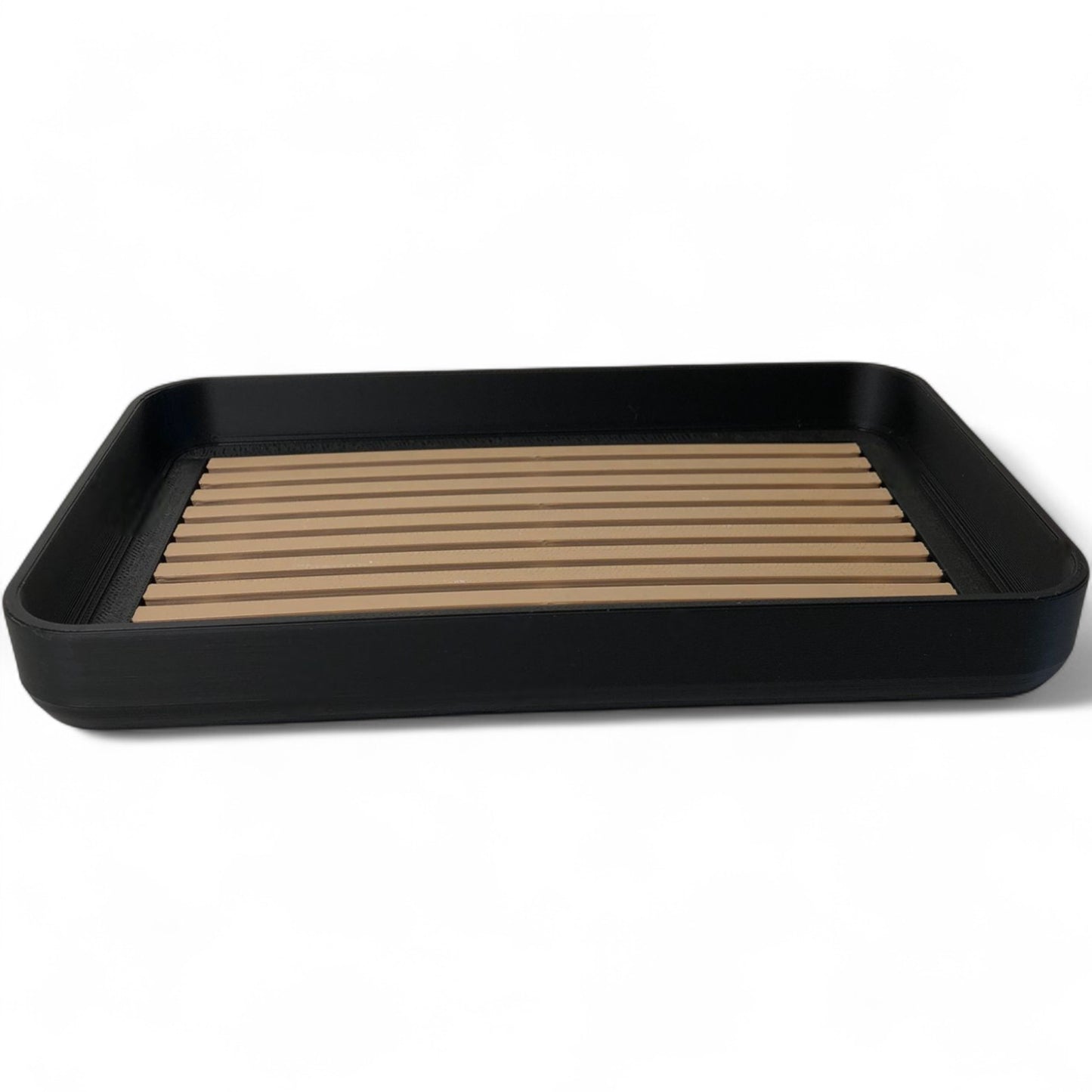 modern soap tray with raised drainage support, shown holding a soap bar and pump bottle, perfect for bathroom organization and keeping soap dry

