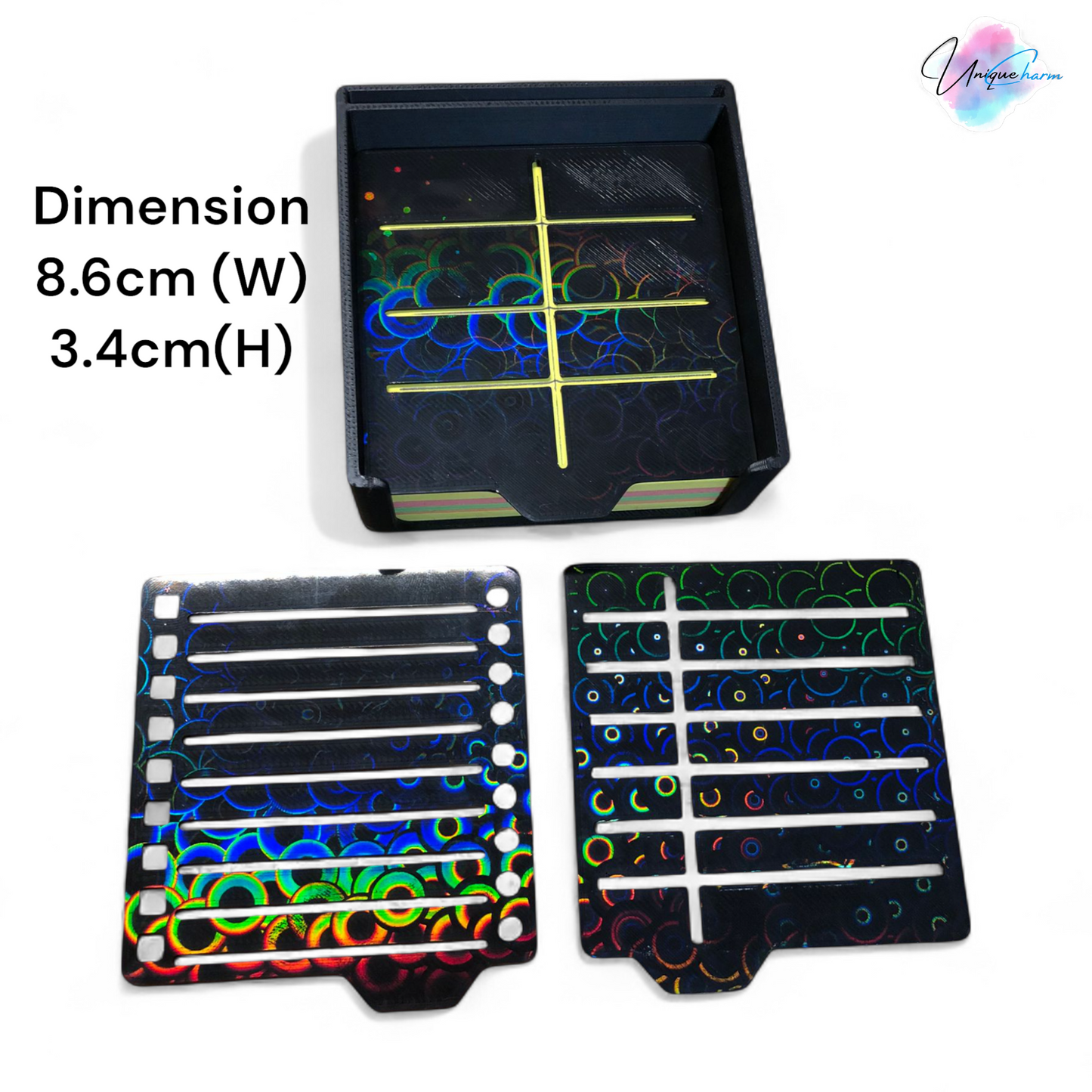 sticky note holder with colorful sticky notes and three reusable stencils, designed for organizing notes and boosting productivity at a work desk