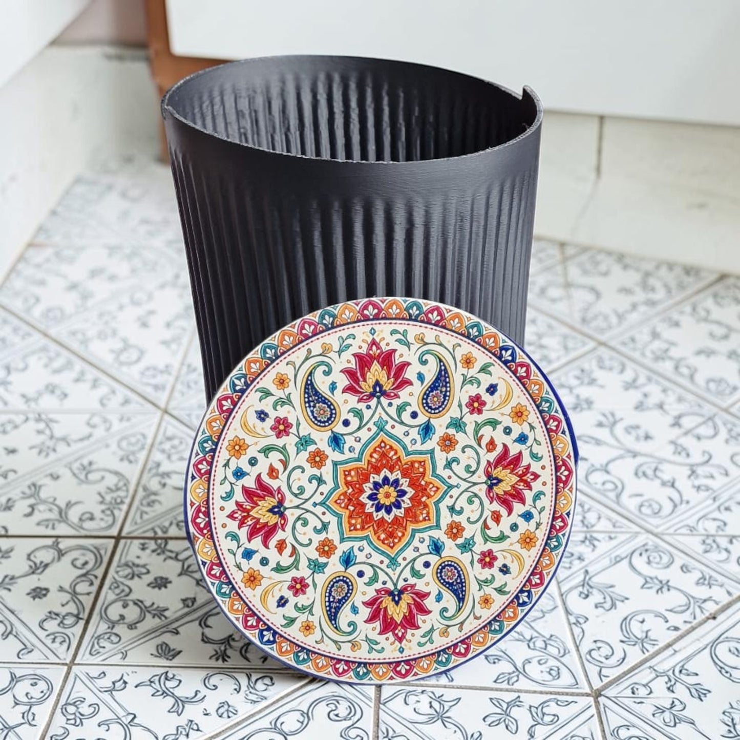 custom traditional motif bathroom bin, decorative tile inspired trash can, personalised vanity waste basket, cultural pattern bathroom