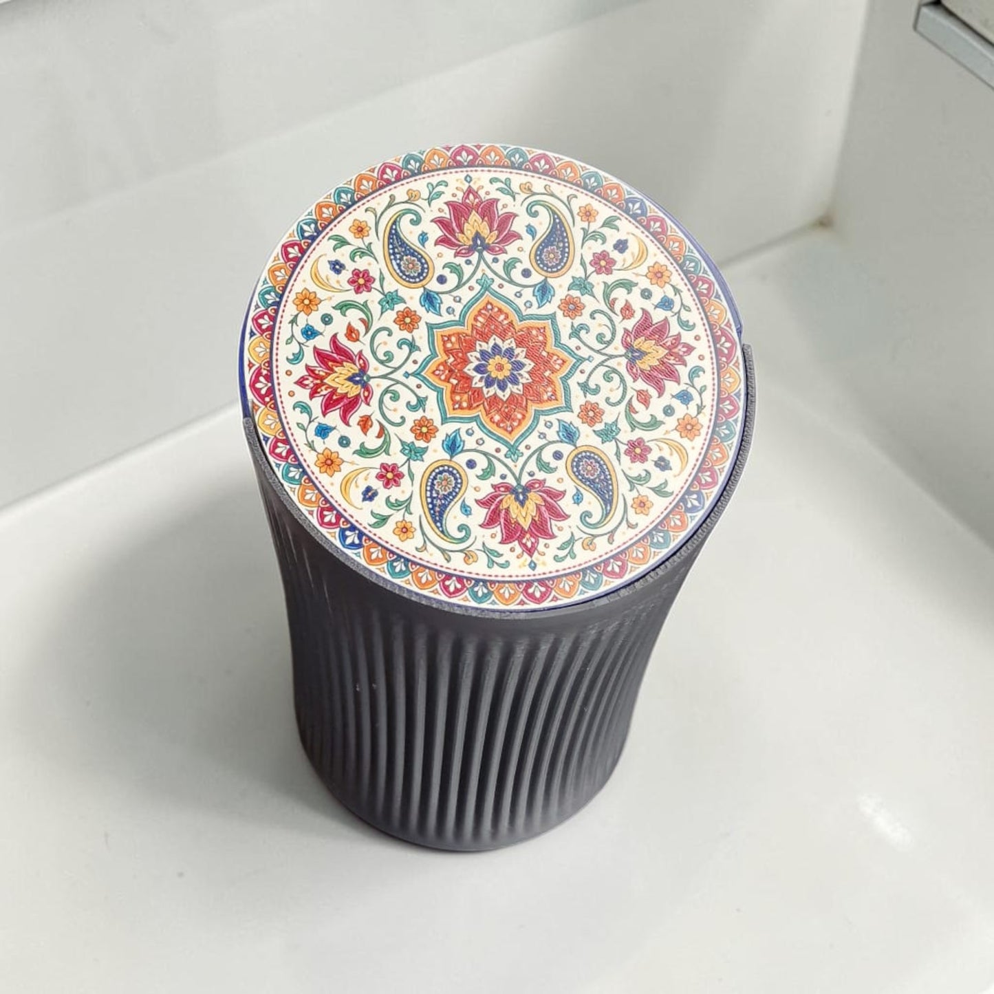 custom traditional motif bathroom bin, decorative tile inspired trash can, personalised vanity waste basket, cultural pattern bathroom