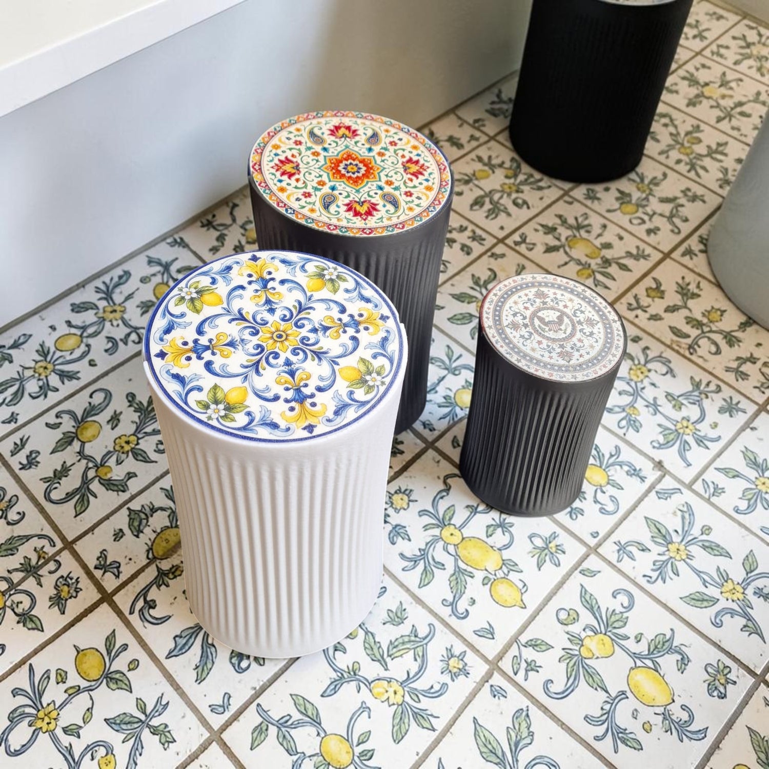 Custom Traditional Motif Bathroom Bin, Decorative Tile Inspired Trash Can, Personalised Vanity Waste Basket, Cultural Pattern Bathroom