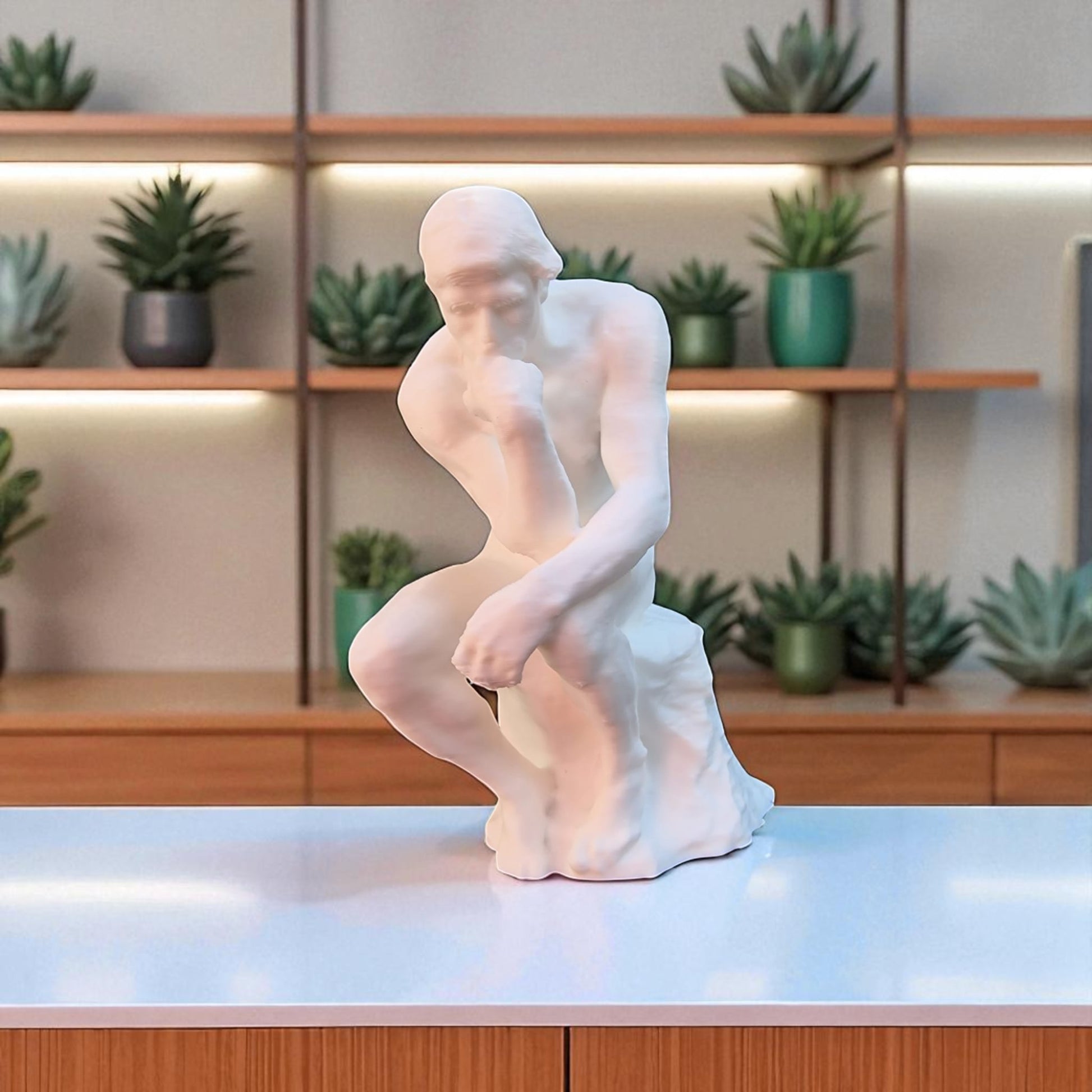 A statue titled 'Contemplative Reflection' depicting a man seated in a thoughtful, meditative pose. This sculpture embodies the essence of mindfulness, yoga, and inner peace, symbolizing the journey of reflection and self-discovery