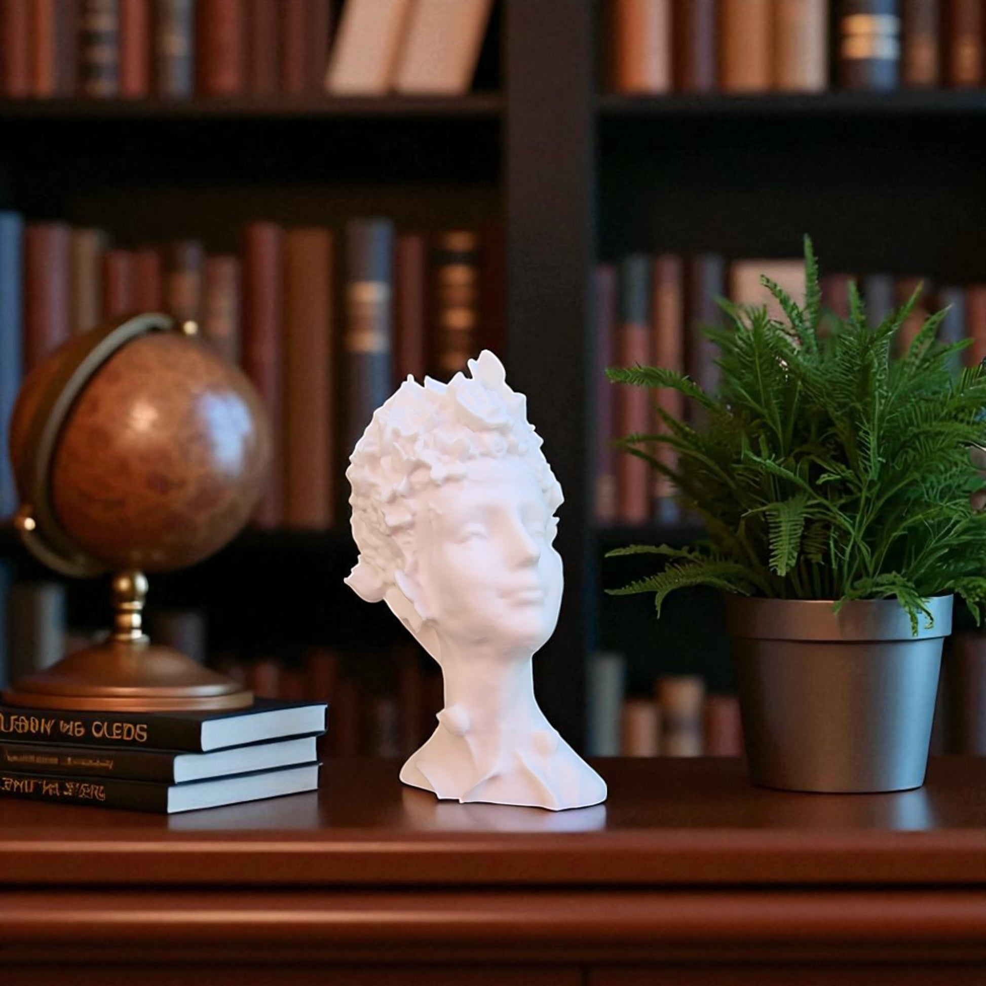 Stunning 'Flora Grace Sculpture,' a statue of an Egyptian-inspired lady resembling Aphrodite, adorned with intricate flowers and butterflies in her hair. This elegant piece exudes beauty and sophistication, making it a timeless decorative accent.