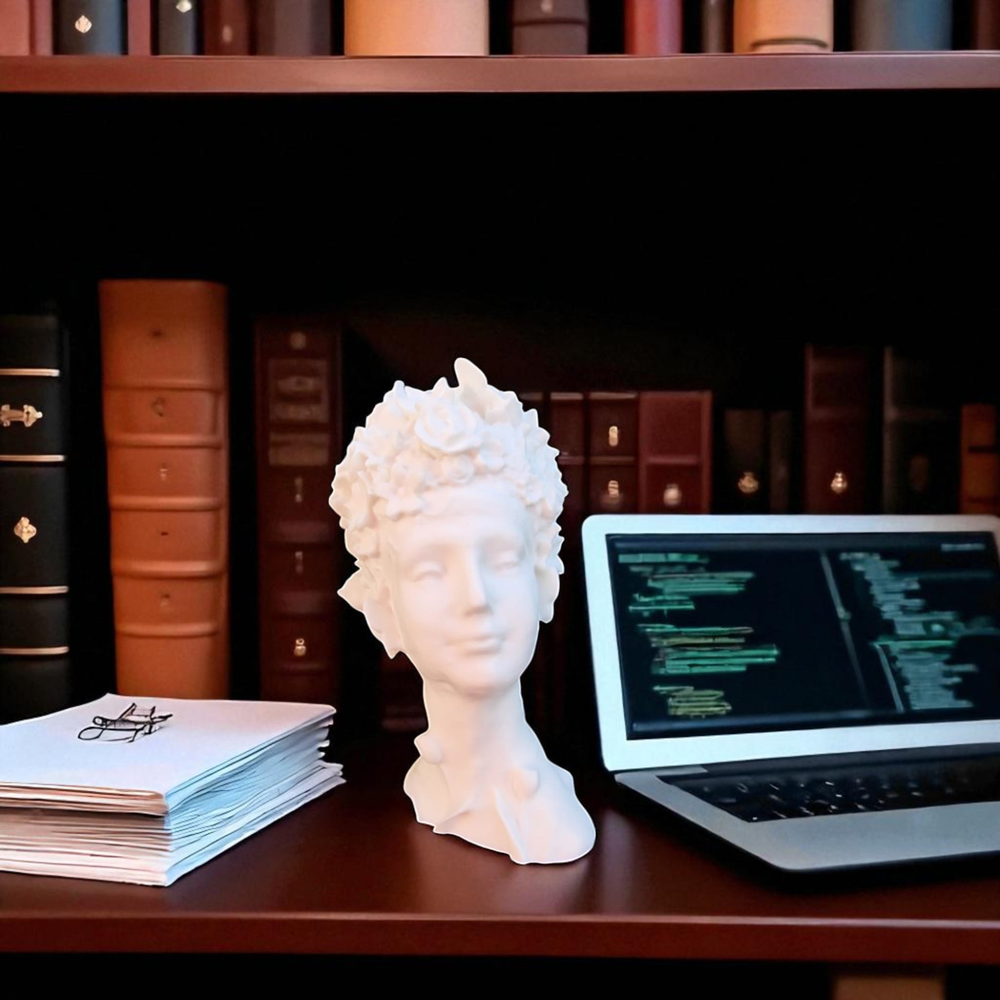 Stunning 'Flora Grace Sculpture,' a statue of an Egyptian-inspired lady resembling Aphrodite, adorned with intricate flowers and butterflies in her hair. This elegant piece exudes beauty and sophistication, making it a timeless decorative accent.