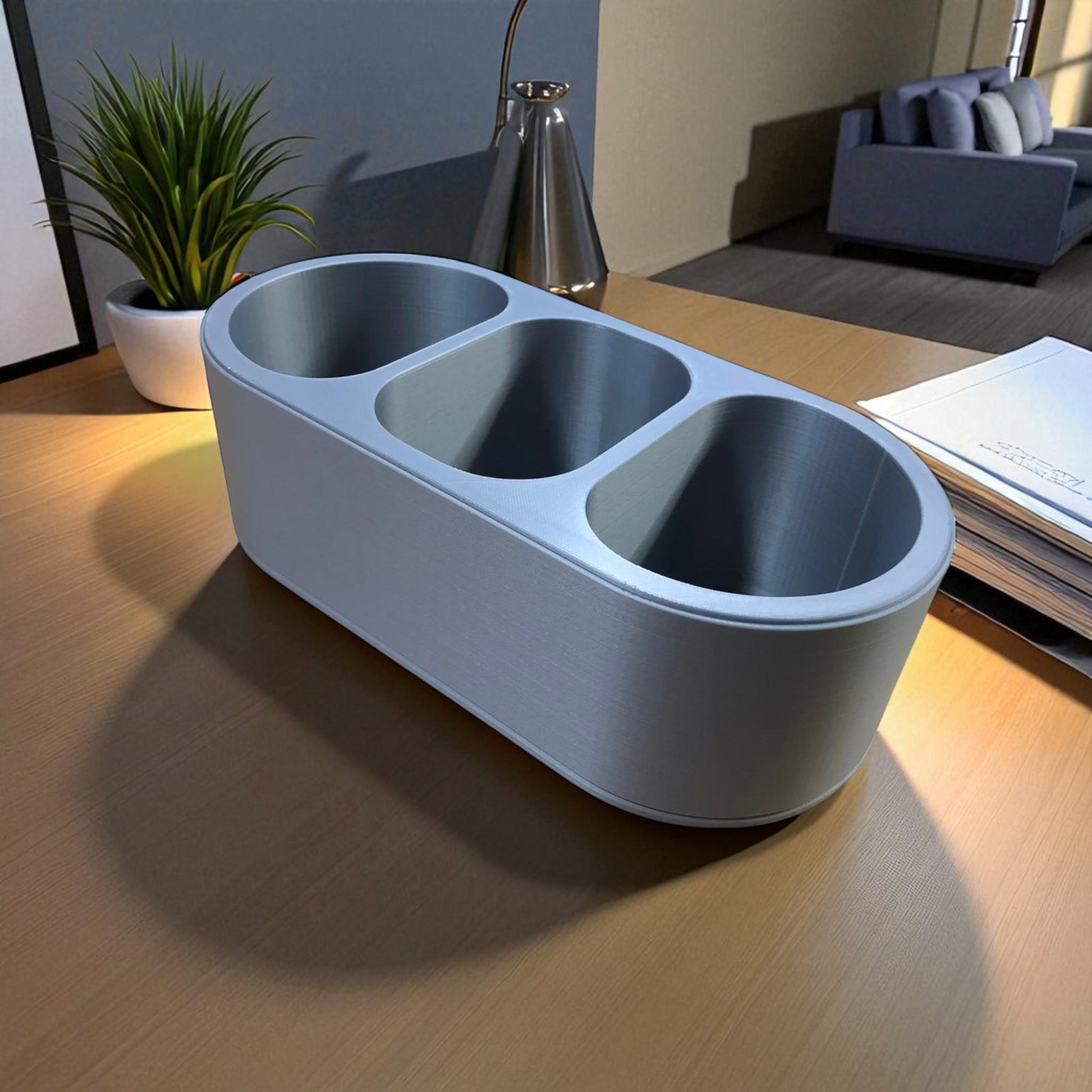 Round Remote Holder a sleek remote holder with three compartments, perfect for organizing remotes, small accessories, or gadgets while adding a modern touch to your living space