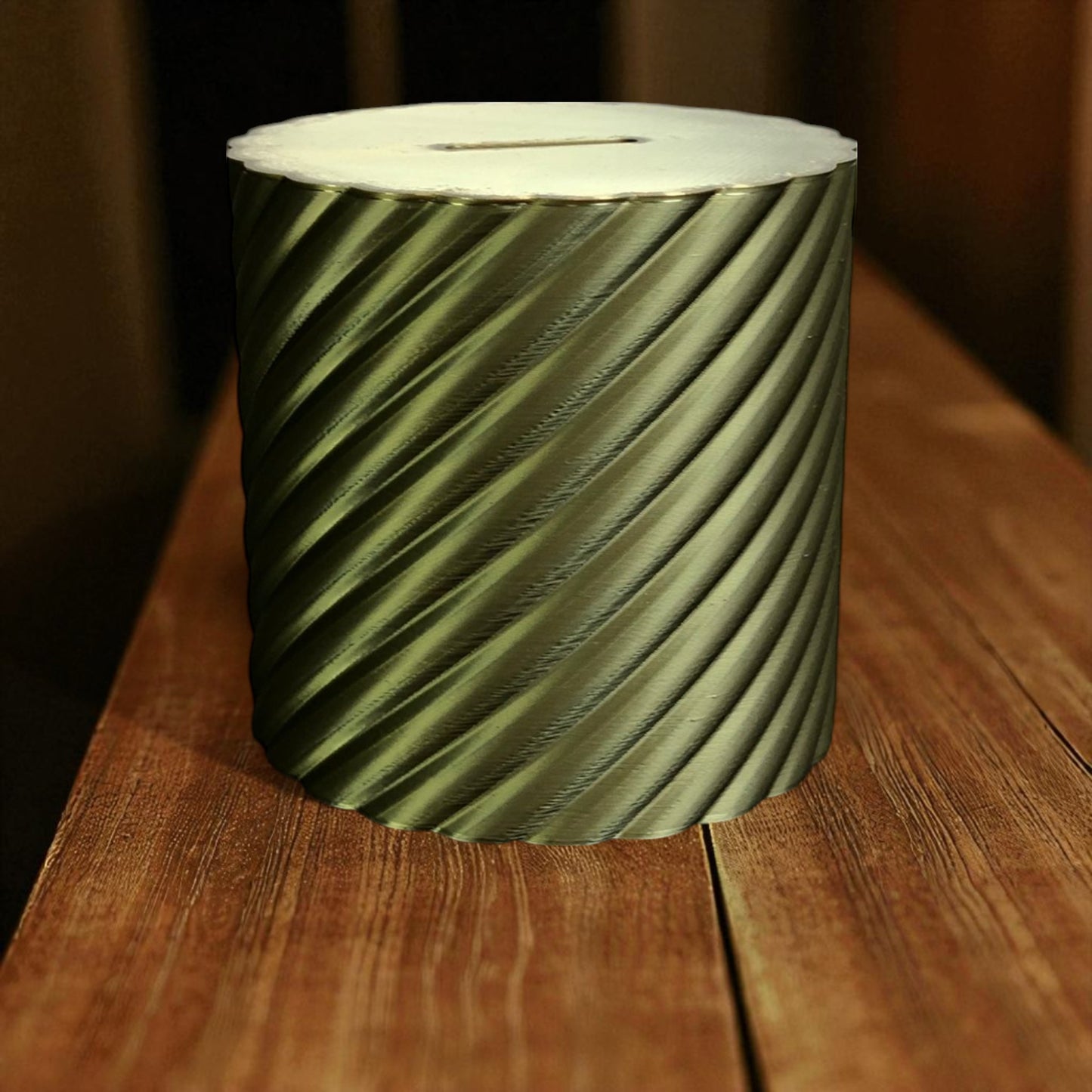 a modern spiral coin bank with a unique closing mechanism. features a sleek, minimalist design where coins drop smoothly into the bank, and the lid twists shut in a mesmerizing spiral motion. perfect for stylish and satisfying money-saving!