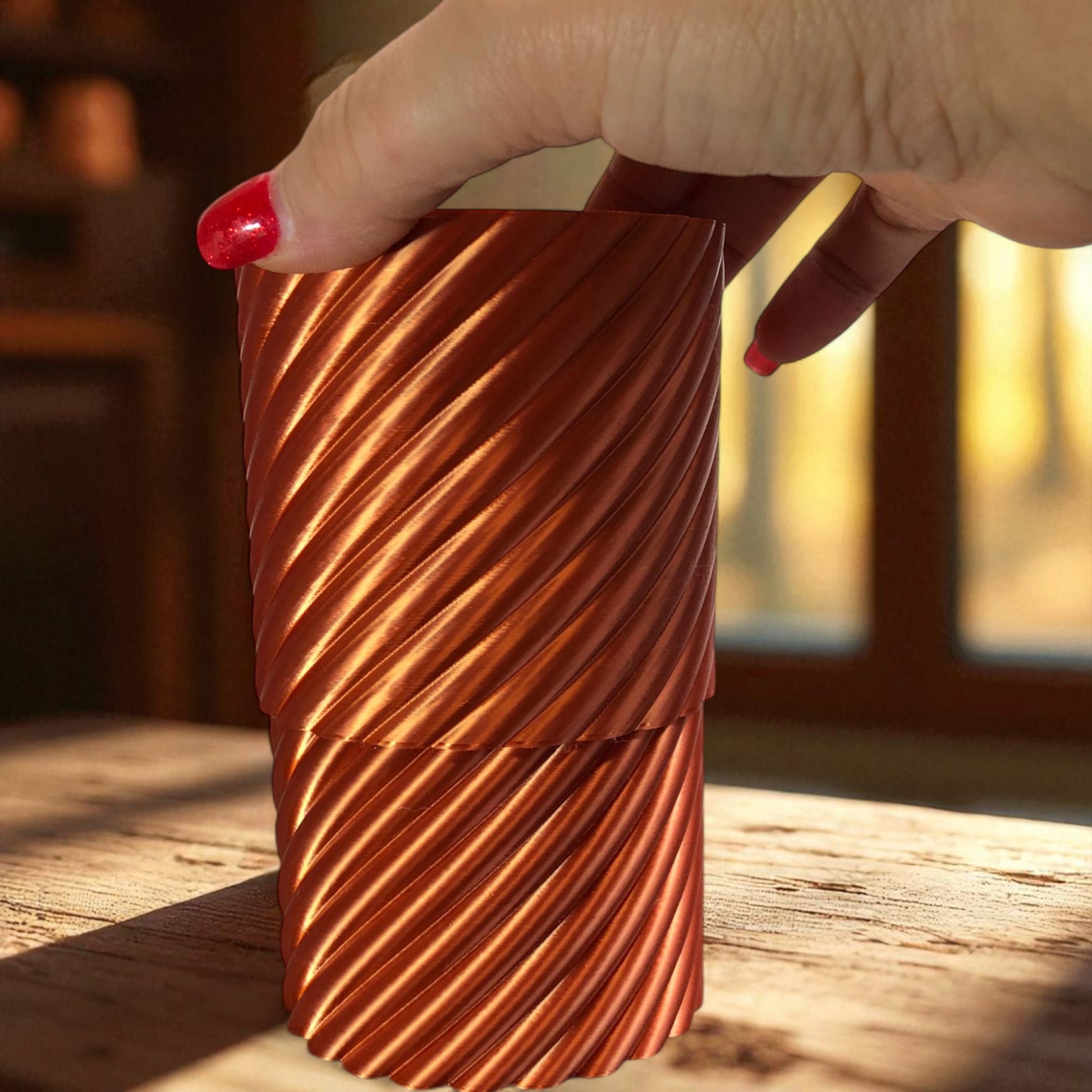 A modern spiral coin bank with a unique closing mechanism. Features a sleek, minimalist design where coins drop smoothly into the bank, and the lid twists shut in a mesmerizing spiral motion. Perfect for stylish and satisfying money-saving!