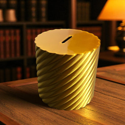 A modern spiral coin bank with a unique closing mechanism. Features a sleek, minimalist design where coins drop smoothly into the bank, and the lid twists shut in a mesmerizing spiral motion. Perfect for stylish and satisfying money-saving!