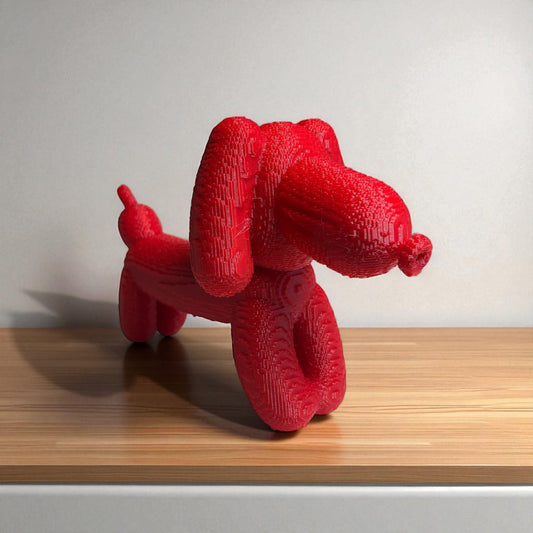 Pixel Dachshund Balloon Dog – A modern 3D-printed decorative piece inspired by a wiener dog, featuring a pixelated design for a unique and playful look. Available in two sizes, perfect for home or office decor.