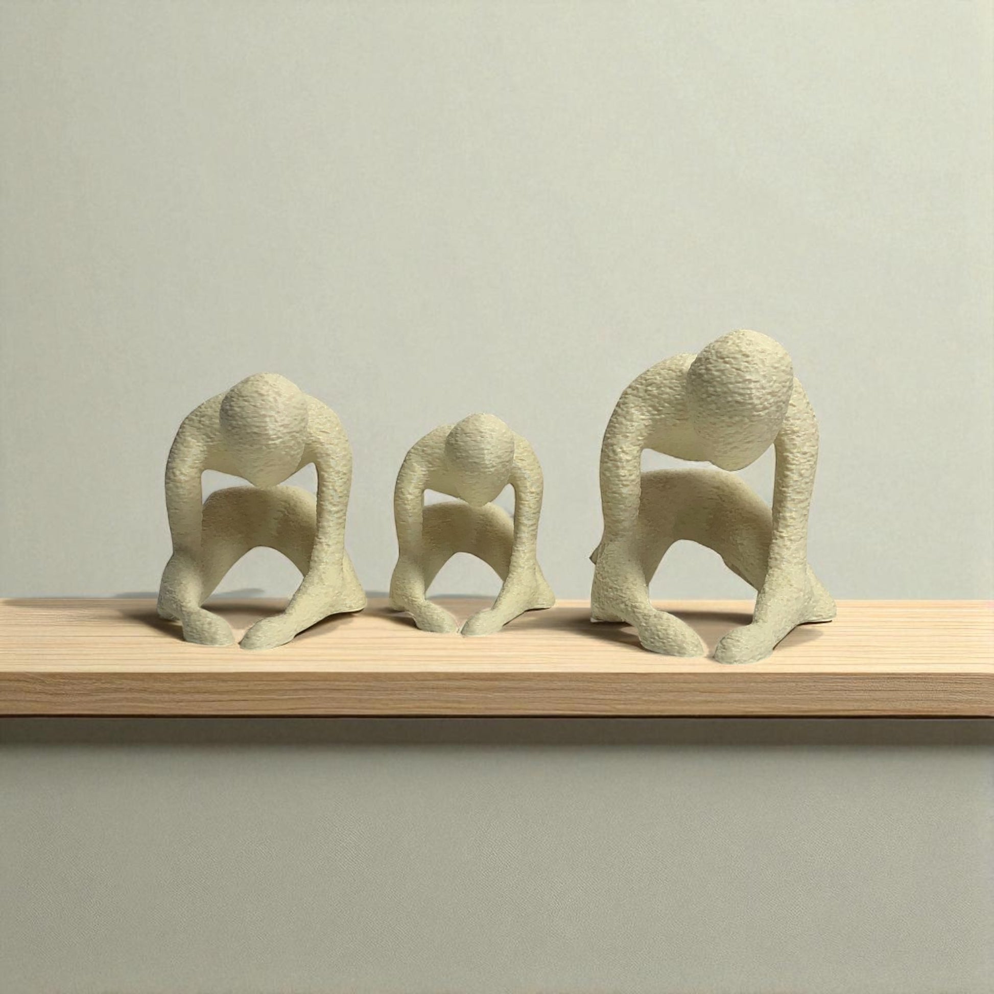 Three abstract stone sculptures on a wooden shelf against a plain background