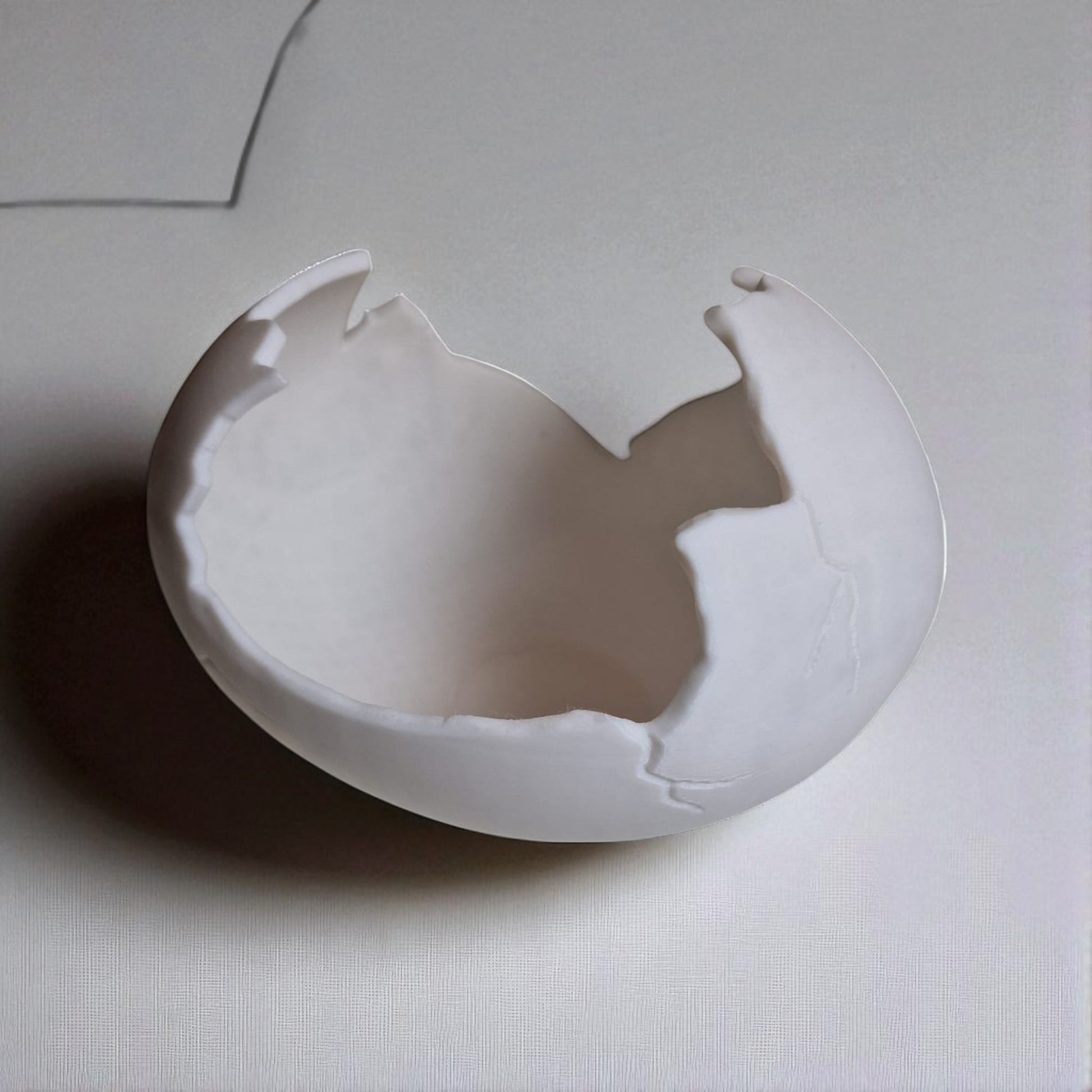 Broken white eggshell on a light gray surface