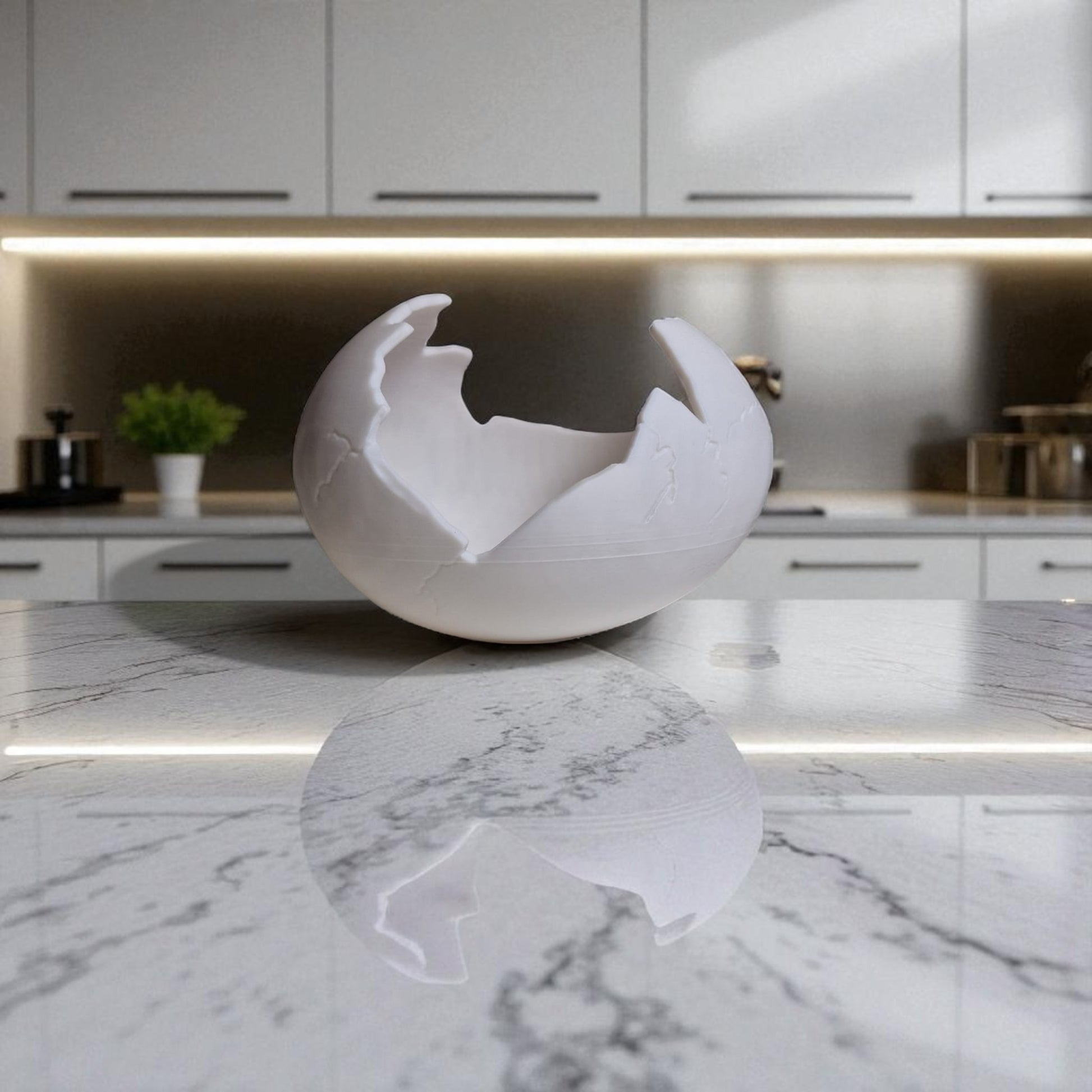 White cracked eggshell on a marble kitchen counter with a modern kitchen background