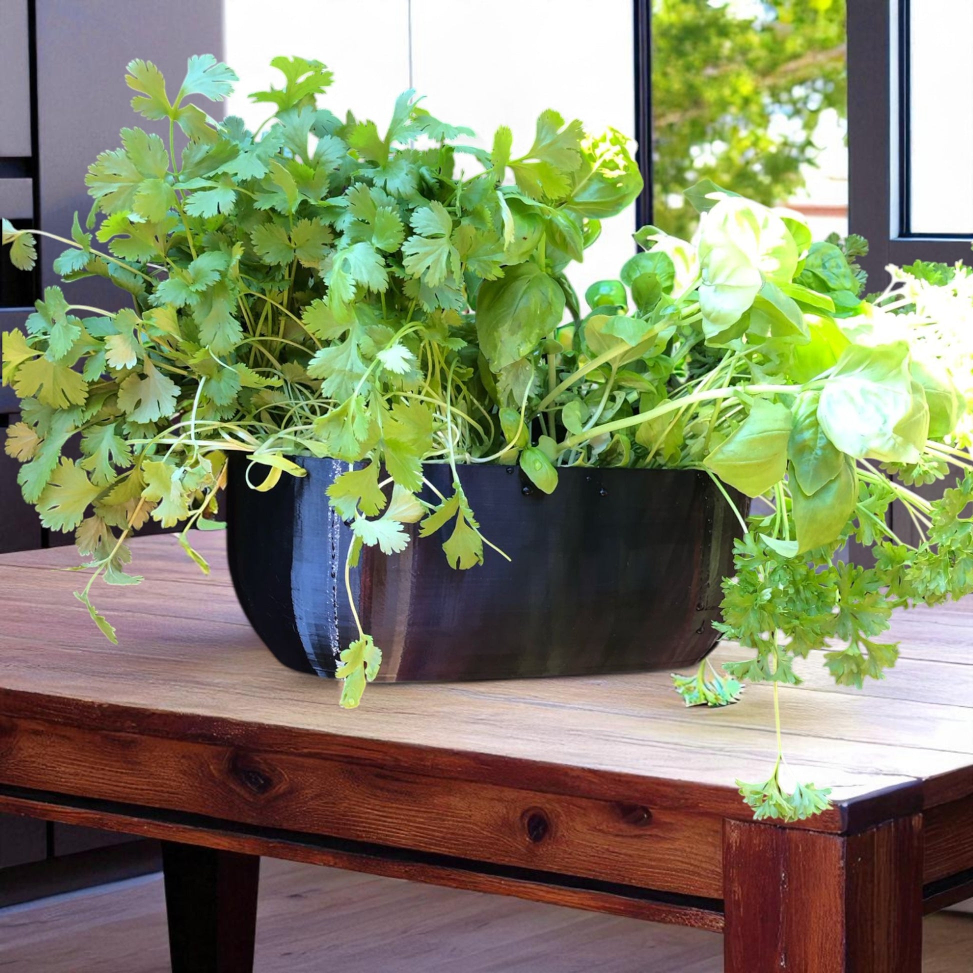 Modern rectangular wall planter with rounded corners, mounted on a wall and planted with fresh herbs like parsley, coriander, and basil. The large 3D printed planter is shown in use indoors, highlighting its sleek design and easy wall-mount installation with screws or tape