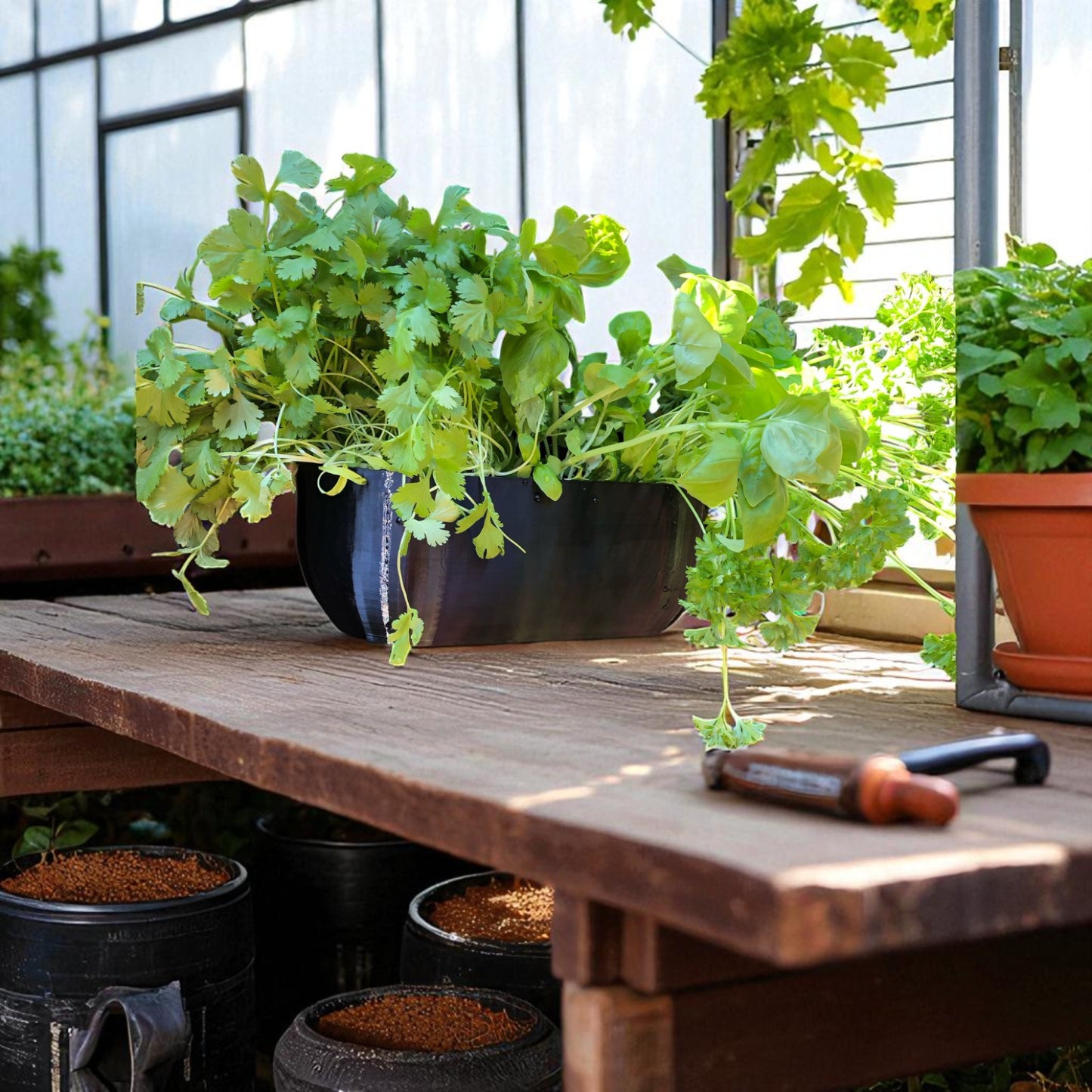 modern rectangular wall planter with rounded corners, mounted on a wall and planted with fresh herbs like parsley, coriander, and basil. the large 3d printed planter is shown in use indoors, highlighting its sleek design and easy wall-mount installation with screws or tape
