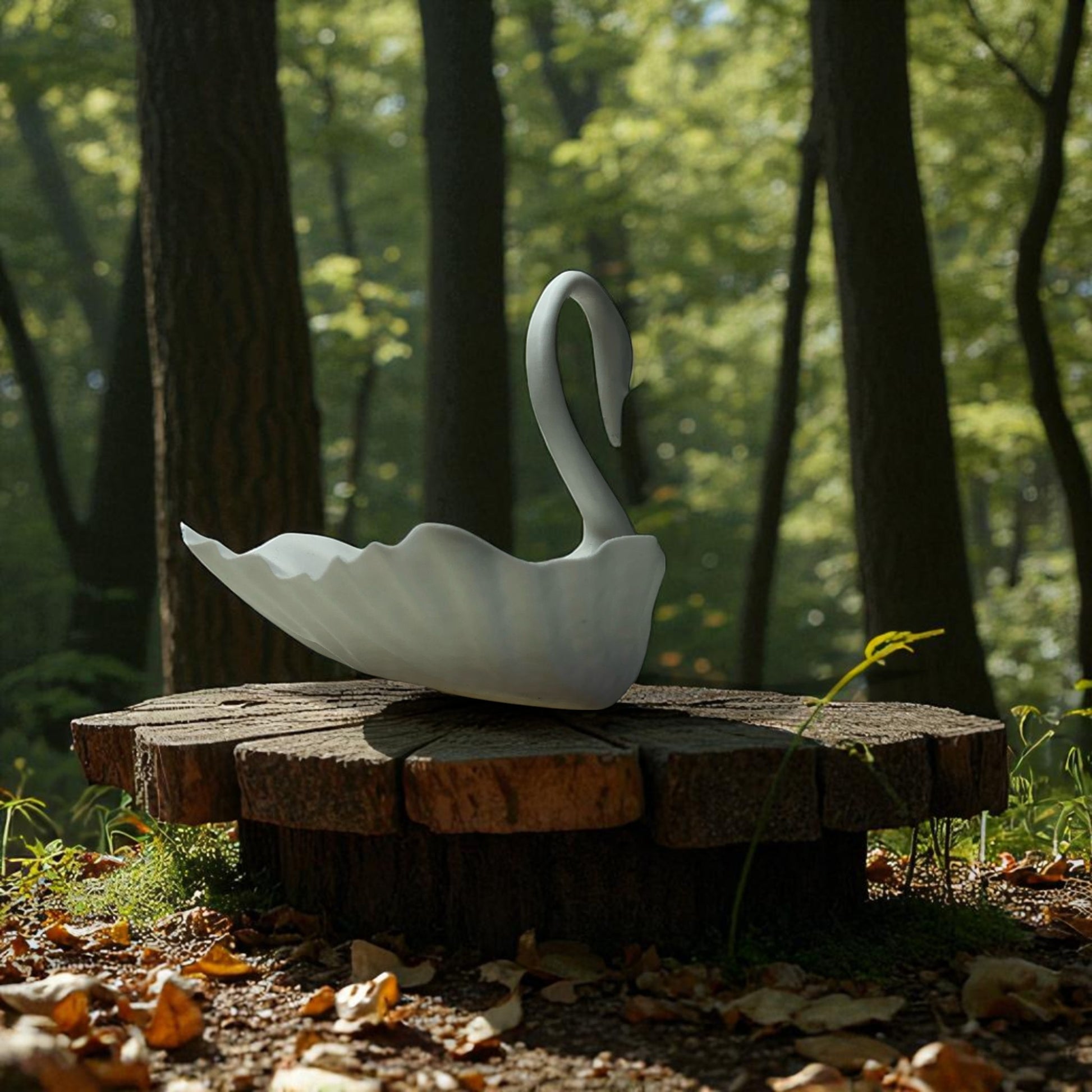 Elegant 3D printed Swan-shaped jewelry tray in a minimalist style, designed to hold rings, earrings, and small accessories. The swan's graceful neck curves upward, adding a decorative and functional touch to vanities and dressers.