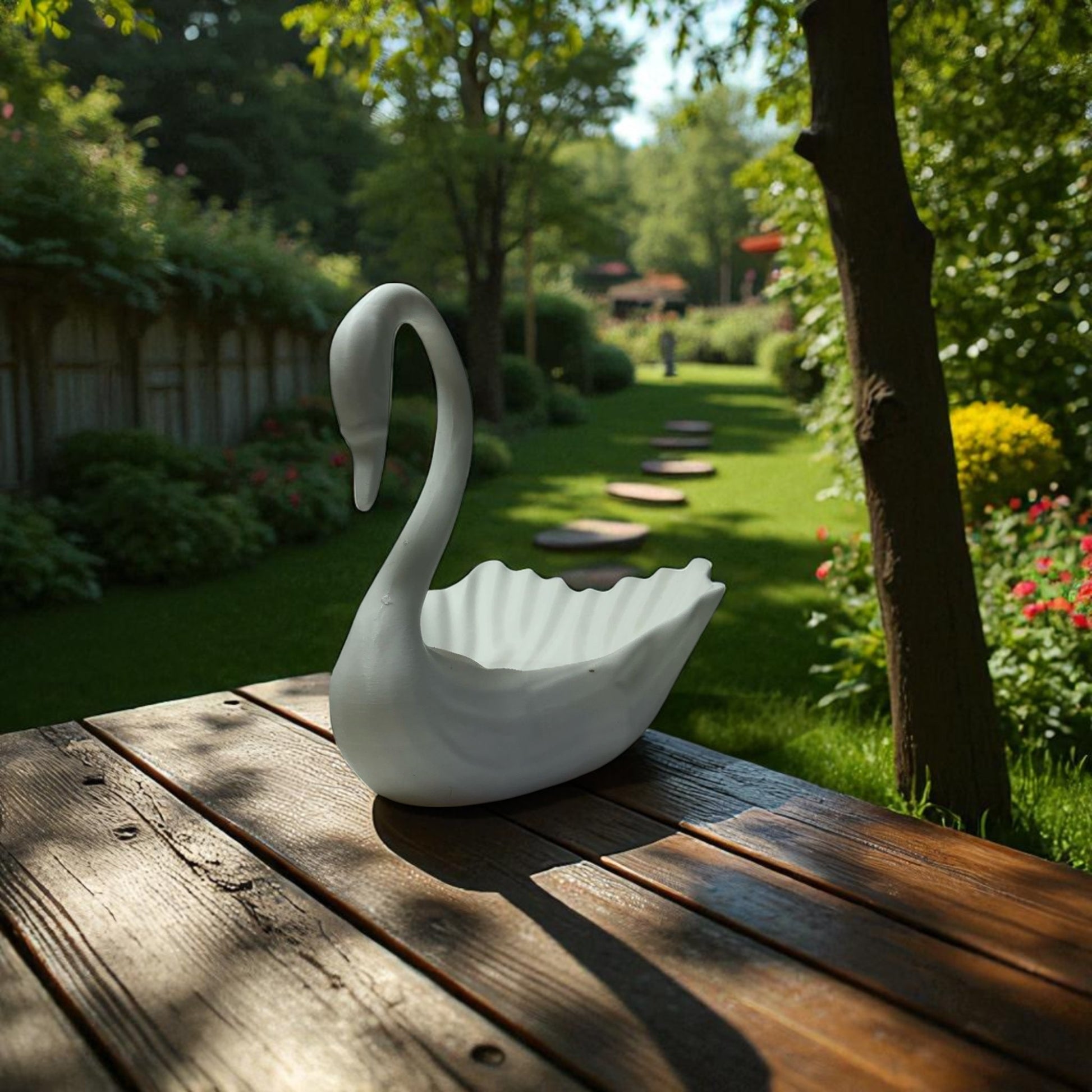 Elegant 3D printed Swan-shaped jewelry tray in a minimalist style, designed to hold rings, earrings, and small accessories. The swan's graceful neck curves upward, adding a decorative and functional touch to vanities and dressers.