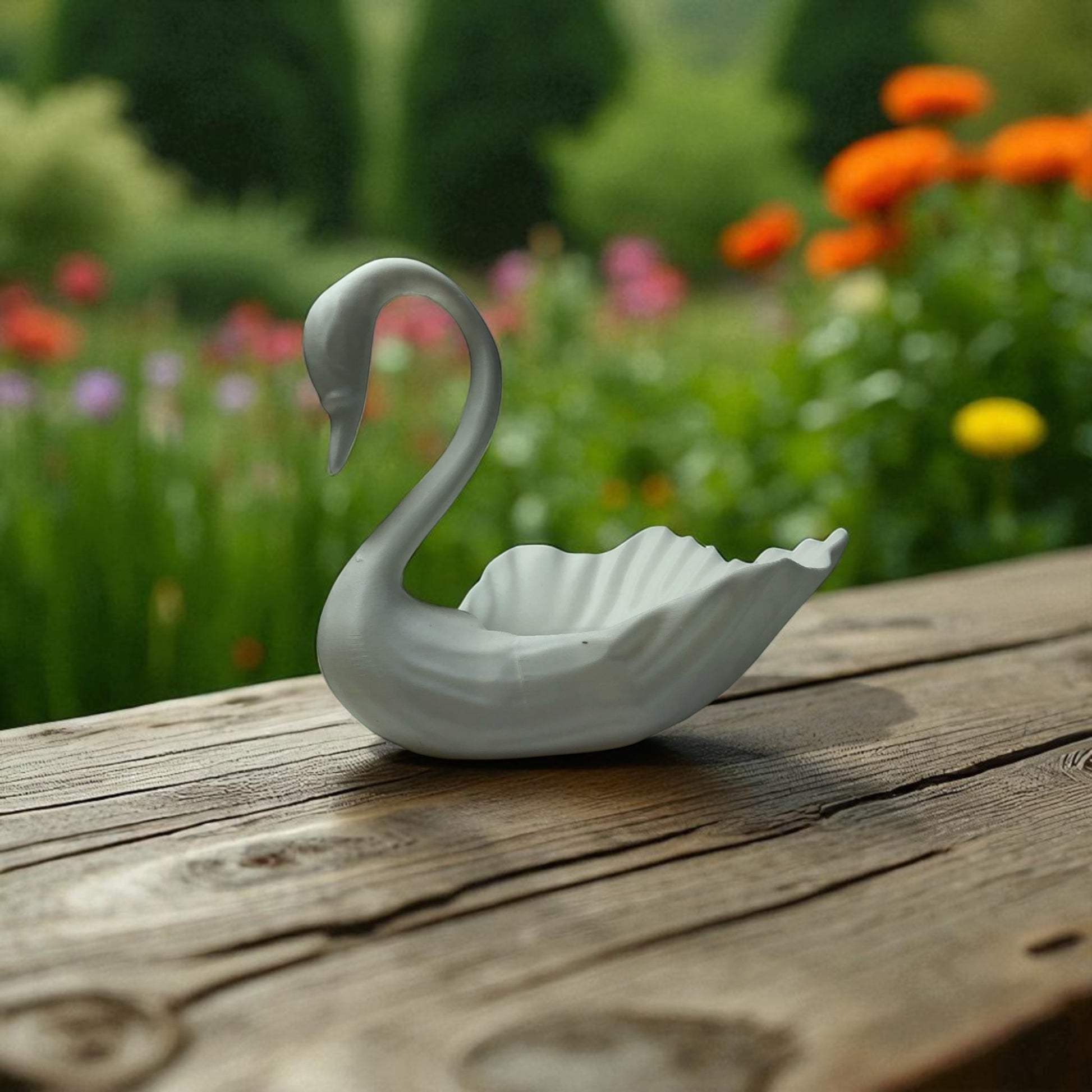 Elegant 3D printed Swan-shaped jewelry tray in a minimalist style, designed to hold rings, earrings, and small accessories. The swan's graceful neck curves upward, adding a decorative and functional touch to vanities and dressers.
