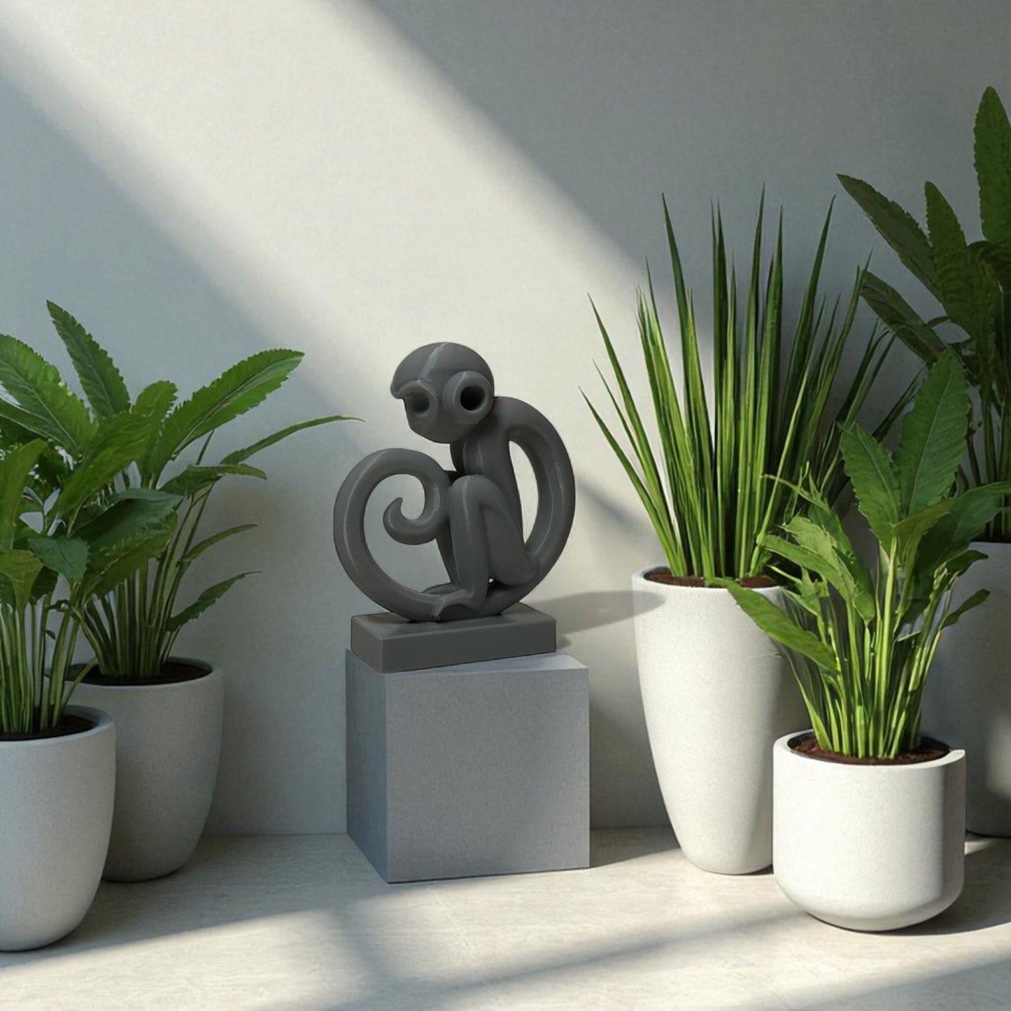 modern artistic monkey statue with a unique abstract design, 3d printed in eco-friendly material, ideal for home decor or as a gift for animal and art lovers.