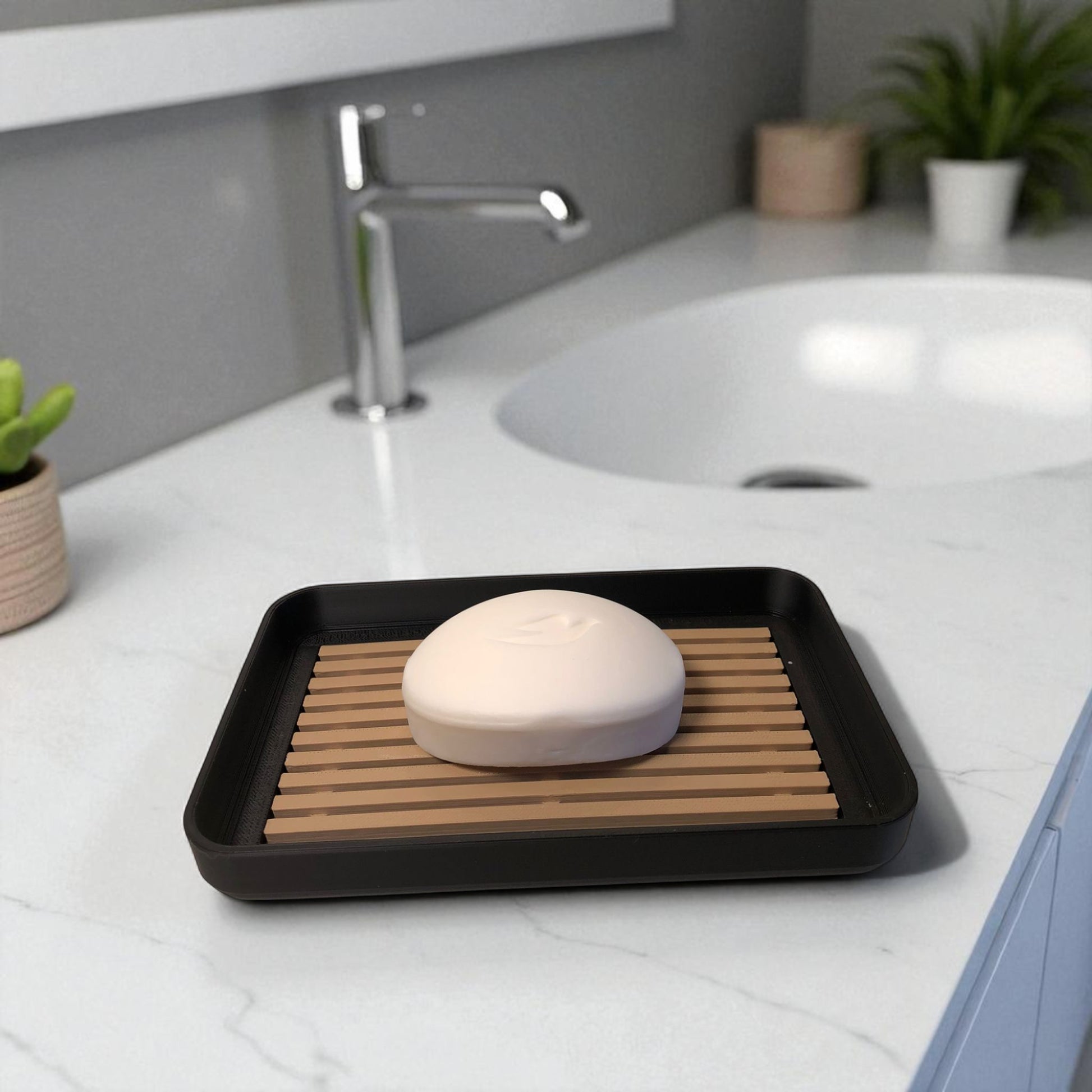 Modern soap tray with raised drainage support, shown holding a soap bar and pump bottle, perfect for bathroom organization and keeping soap dry

