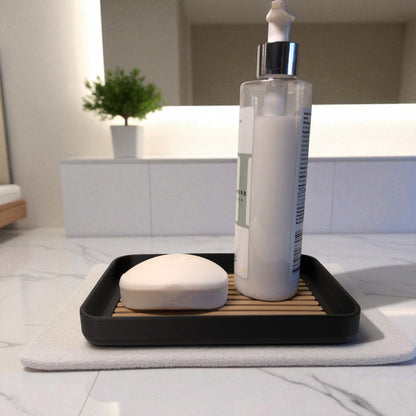 Modern soap tray with raised drainage support, shown holding a soap bar and pump bottle, perfect for bathroom organization and keeping soap dry

