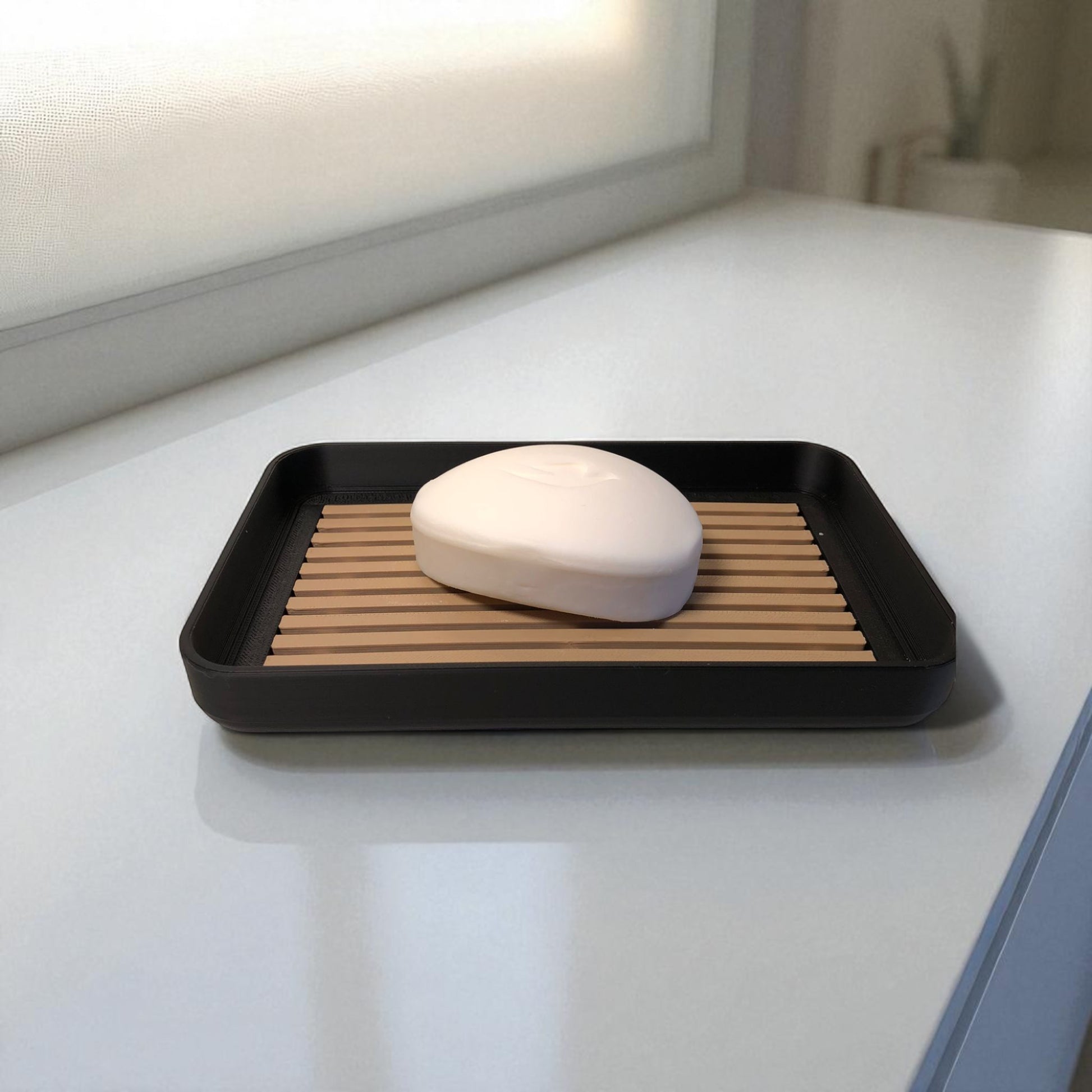 Modern soap tray with raised drainage support, shown holding a soap bar and pump bottle, perfect for bathroom organization and keeping soap dry

