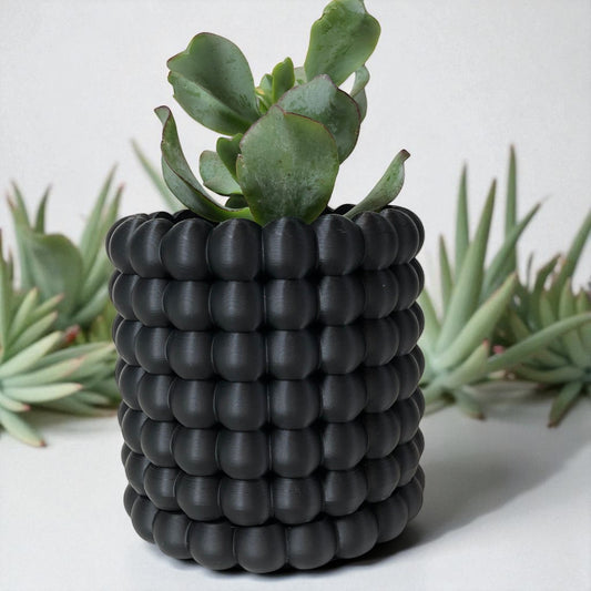 Modern black wall-mounted planter with a bubble texture design, holding a green succulent plant. Includes mounting bracket for screws or adhesive and a built-in water tray.