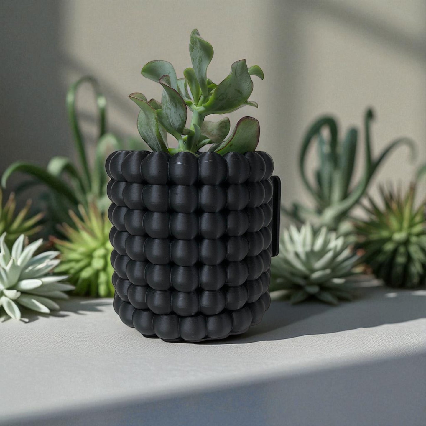 modern black wall-mounted planter with a bubble texture design, holding a green succulent plant. includes mounting bracket for screws or adhesive and a built-in water tray.