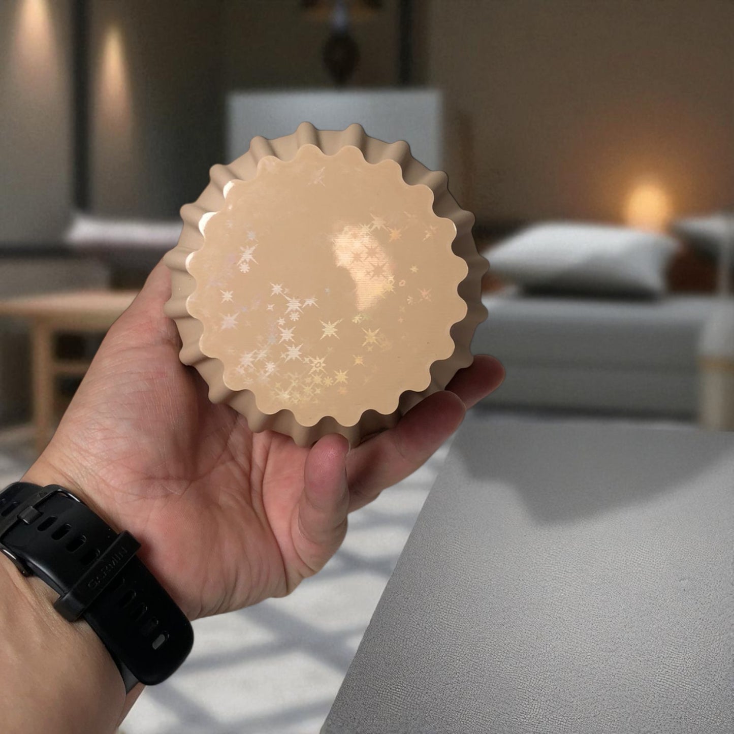 modern 3d printed sculptural vase with wavy vertical grooves, shown in matte beige color on a white background – minimalist nordic home decor centerpiece.