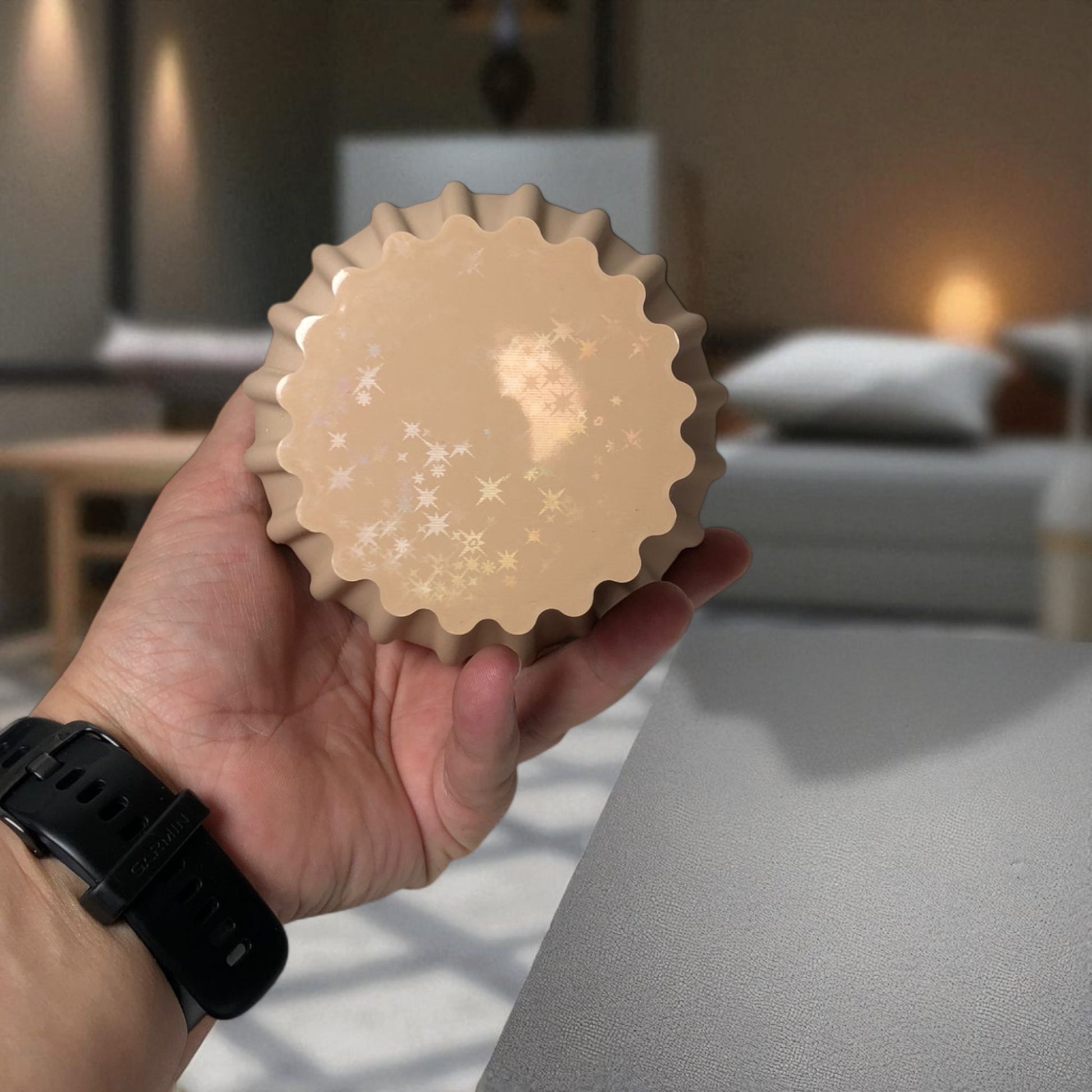 Modern 3D printed sculptural vase with wavy vertical grooves, shown in matte beige color on a white background – minimalist Nordic home decor centerpiece.
