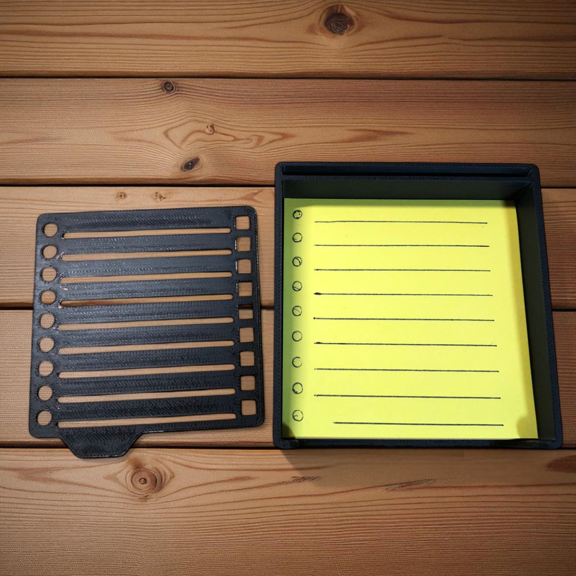 Sticky note holder with colorful sticky notes and three reusable stencils, designed for organizing notes and boosting productivity at a work desk
