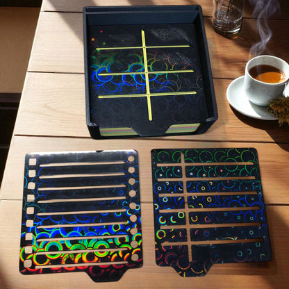 Sticky note holder with colorful sticky notes and three reusable stencils, designed for organizing notes and boosting productivity at a work desk