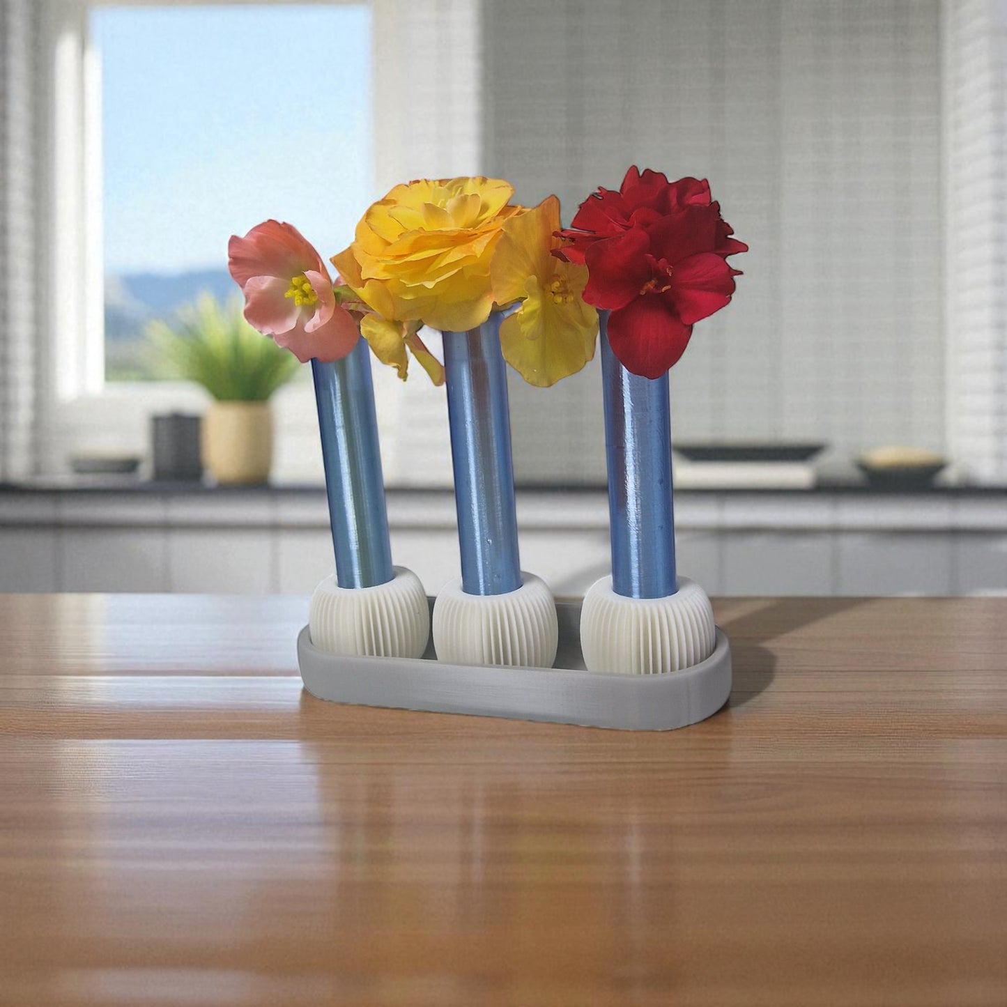  modern 3-vase set, designed for anyone who loves fresh flowers and clean design. this eye-catching piece includes three sleek test tube-style vases securely held in a beautifully minimal tray – perfect for desks, coffee tables, windowsills, or shelves.