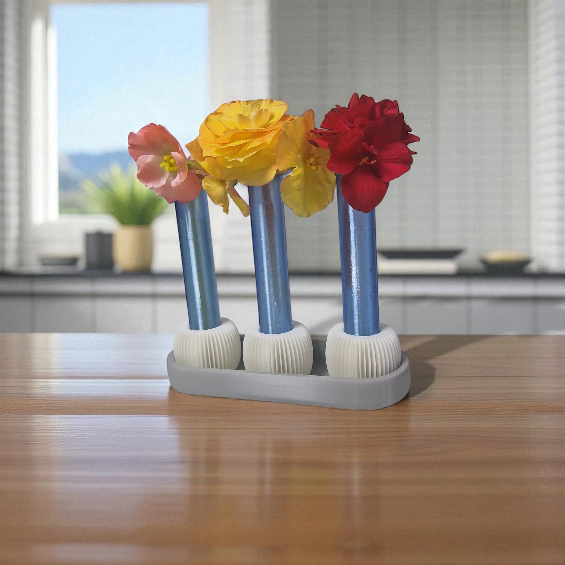  modern 3-vase set, designed for anyone who loves fresh flowers and clean design. This eye-catching piece includes three sleek test tube-style vases securely held in a beautifully minimal tray – perfect for desks, coffee tables, windowsills, or shelves.