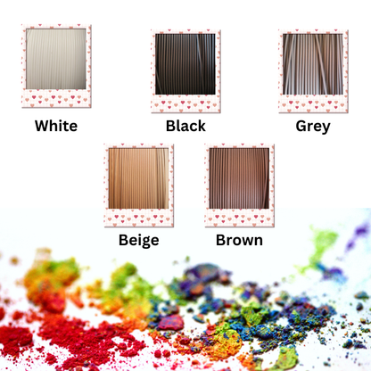 Color swatches labeled White, Black, Grey, Beige, and Brown with a colorful powder sample at the bottom.