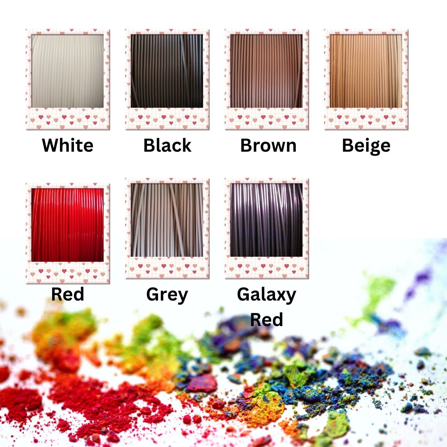 color swatches of various hair extensions with labels on a white background.