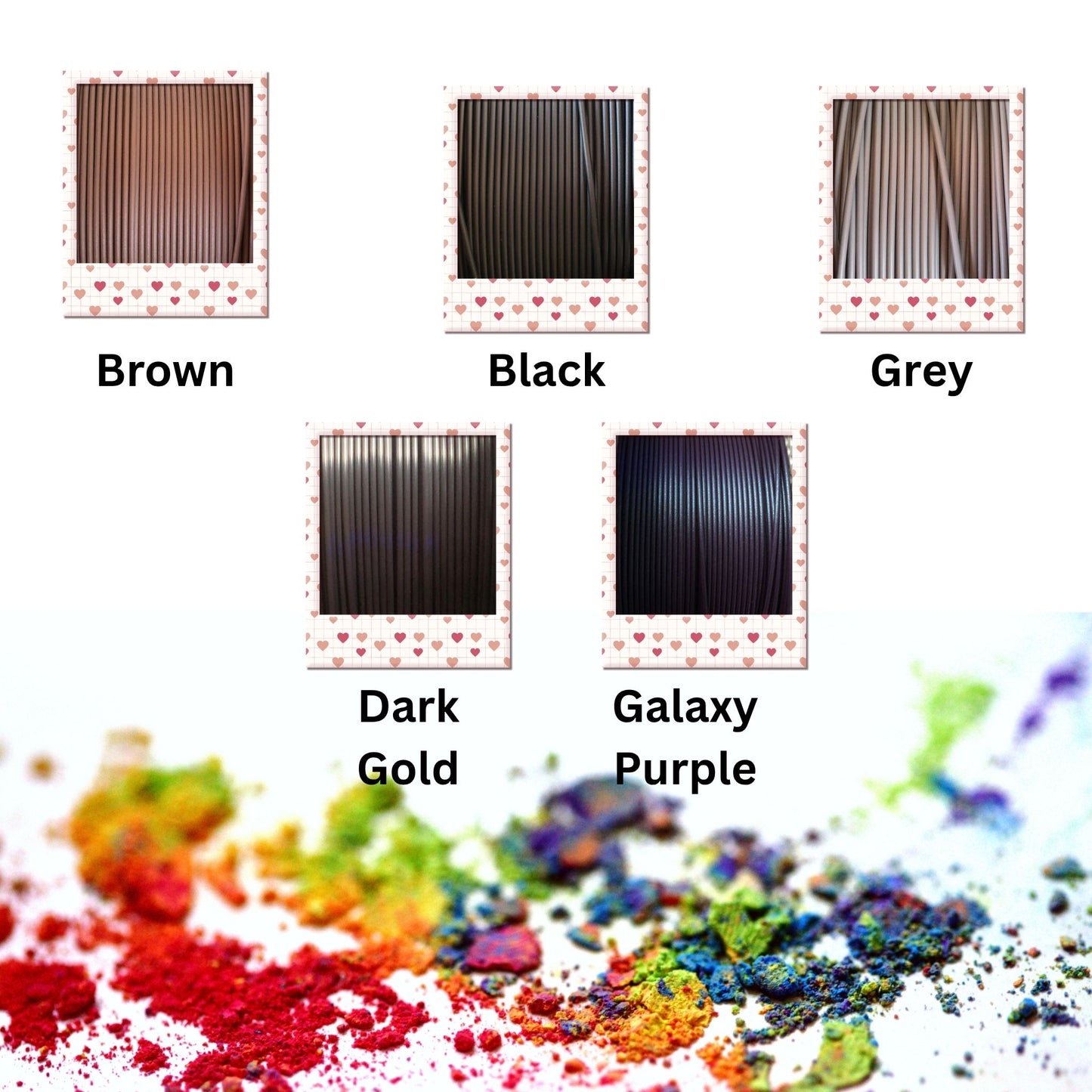 color swatches labeled brown, black, grey, dark gold, and galaxy purple with a colorful powder at the bottom.