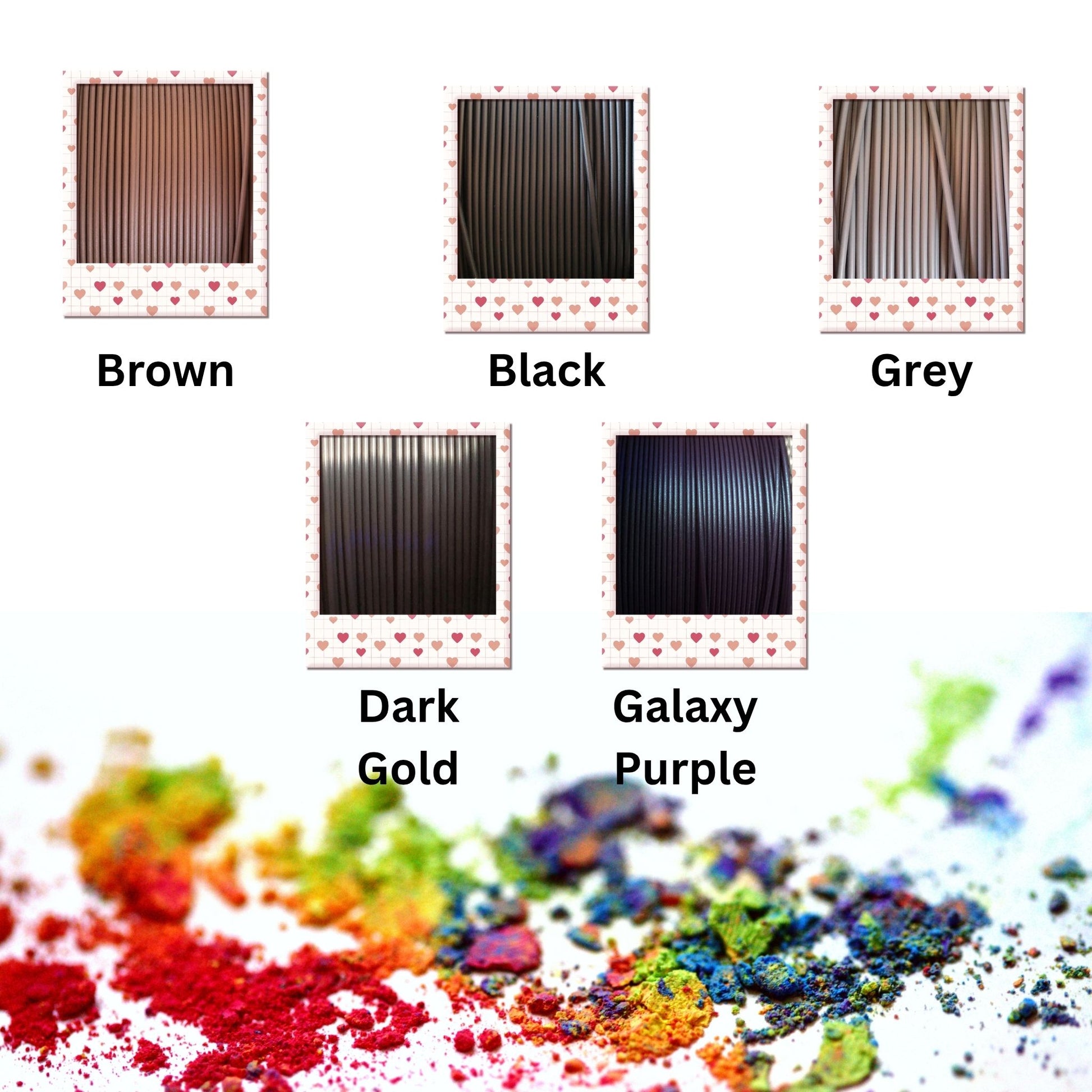 Color swatches labeled Brown, Black, Grey, Dark Gold, and Galaxy Purple with a colorful powder at the bottom.