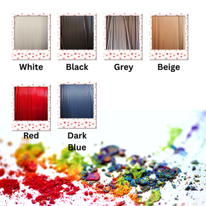 Color swatches of white, black, grey, beige, red, and dark blue with corresponding text labels on a white background.
