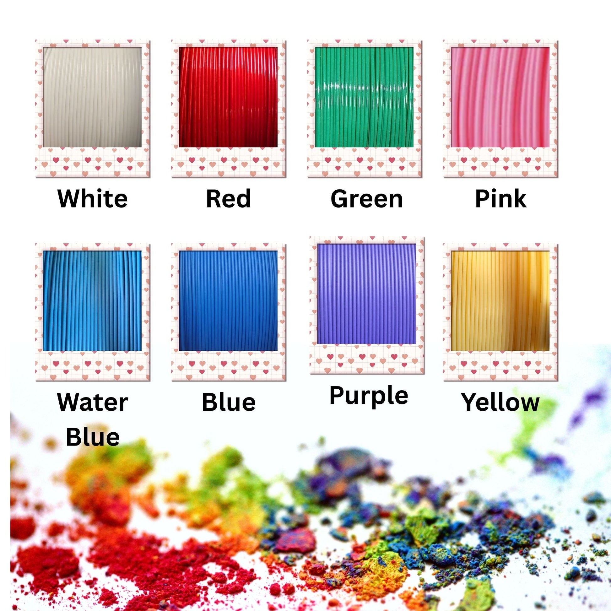 Assorted colors of filament spools with labels on a white background