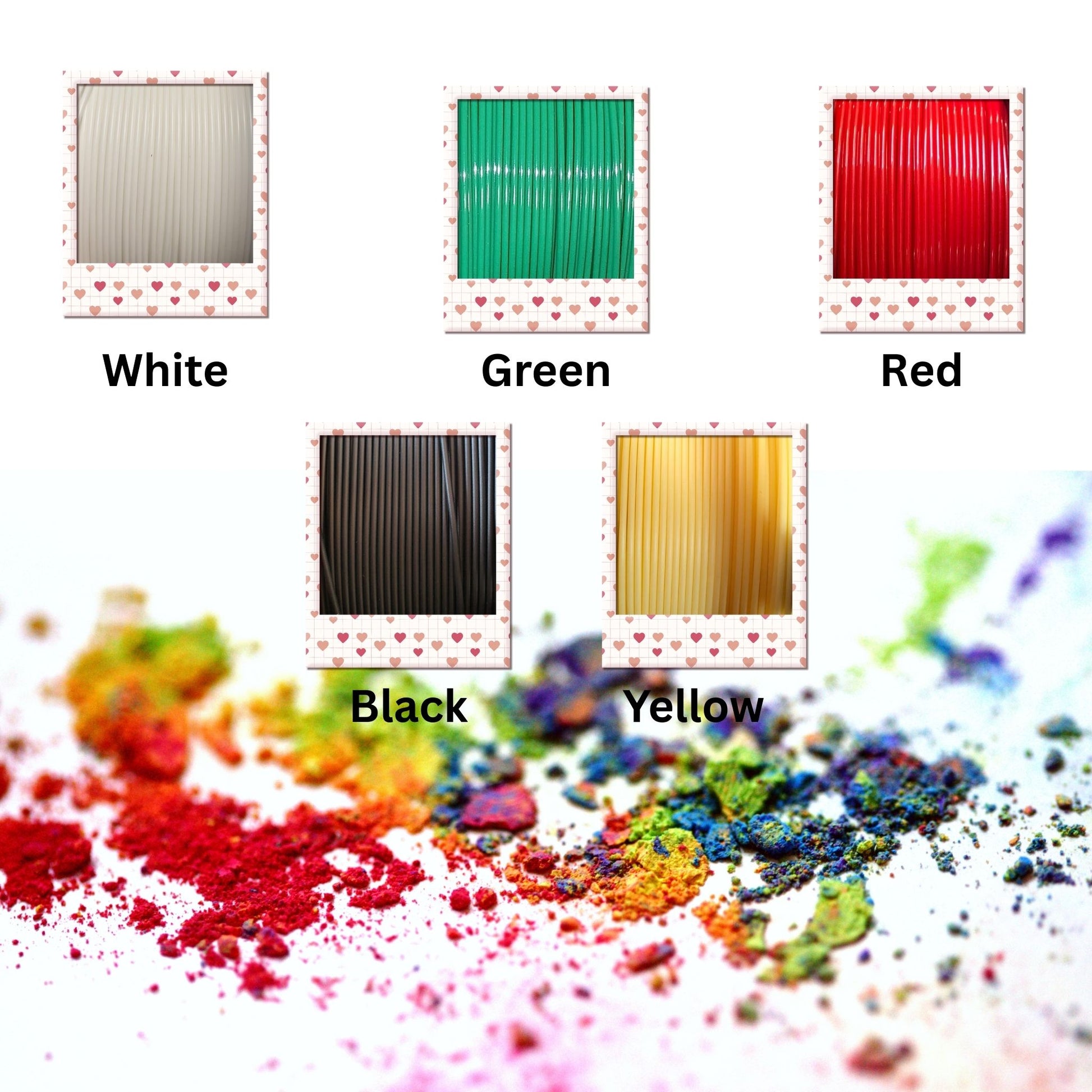 Assorted colors of filament spools with visible color names on a white background.