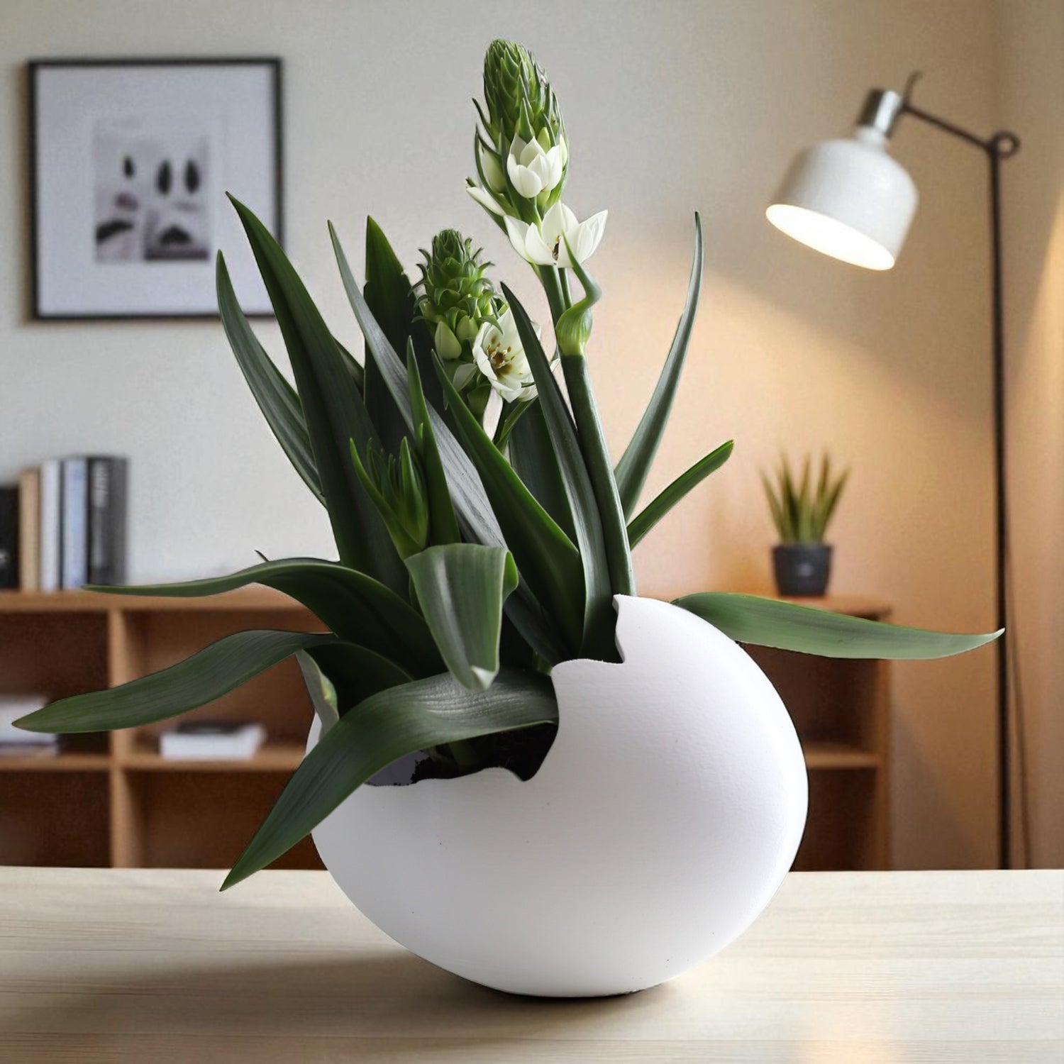 White vase with green plant on a table in a room setting