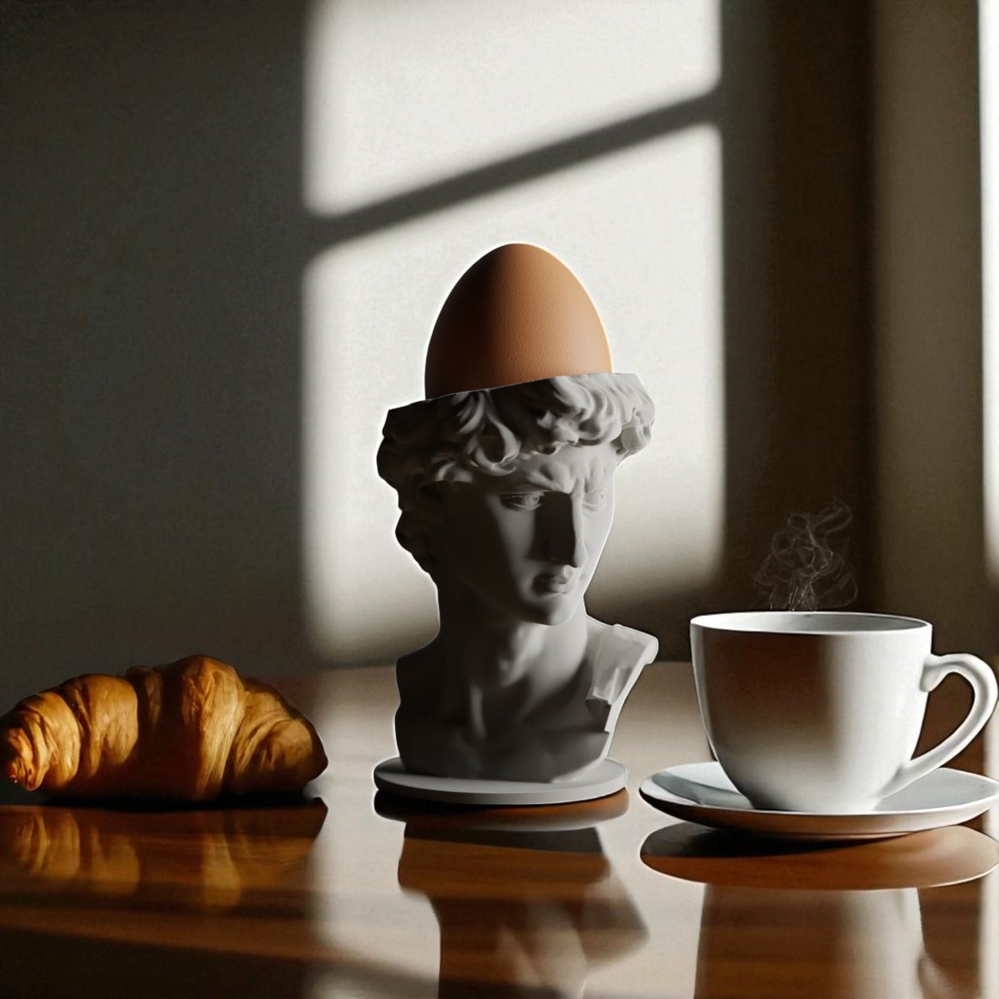 3d printed male bust egg cup in classical sculpture style, featuring a hollowed head holding a boiled egg. unique breakfast decor piece in white pla, perfect for easter table settings or artistic kitchen gifts.