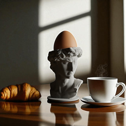 3D printed male bust egg cup in classical sculpture style, featuring a hollowed head holding a boiled egg. Unique breakfast decor piece in white PLA, perfect for Easter table settings or artistic kitchen gifts.