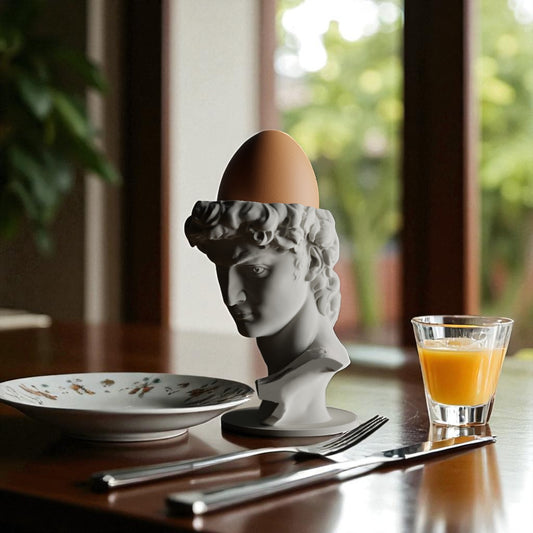 3D printed male bust egg cup in classical sculpture style, featuring a hollowed head holding a boiled egg. Unique breakfast decor piece in white PLA, perfect for Easter table settings or artistic kitchen gifts.